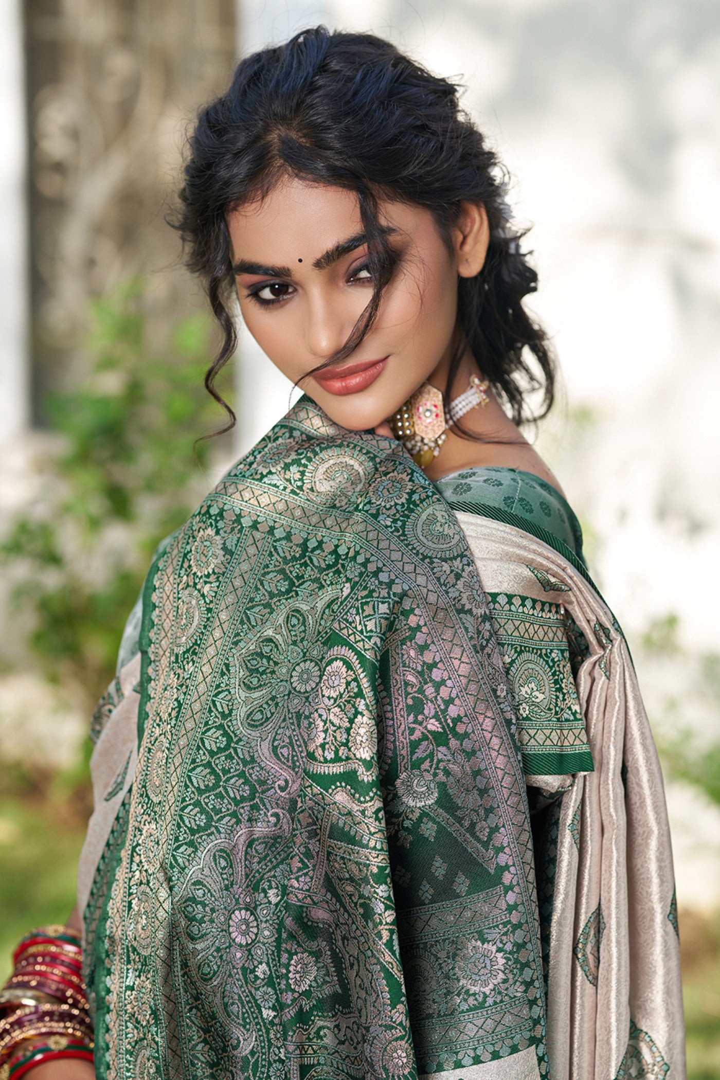 Buy MySilkLove Ivory Cream and Green Woven Banarasi Saree Online