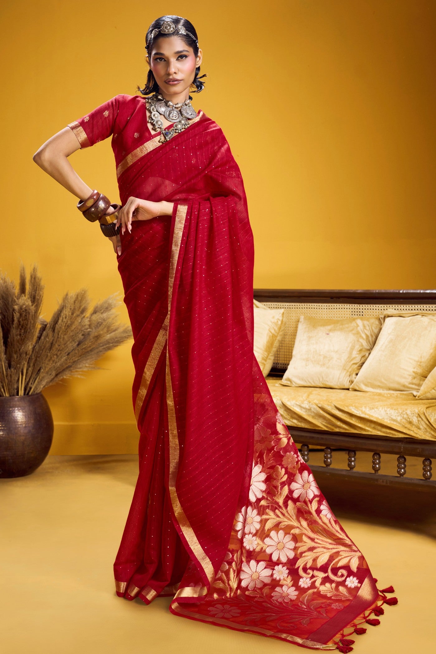 Buy MySilkLove Imperial Red Munga Handloom Cotton Saree Online