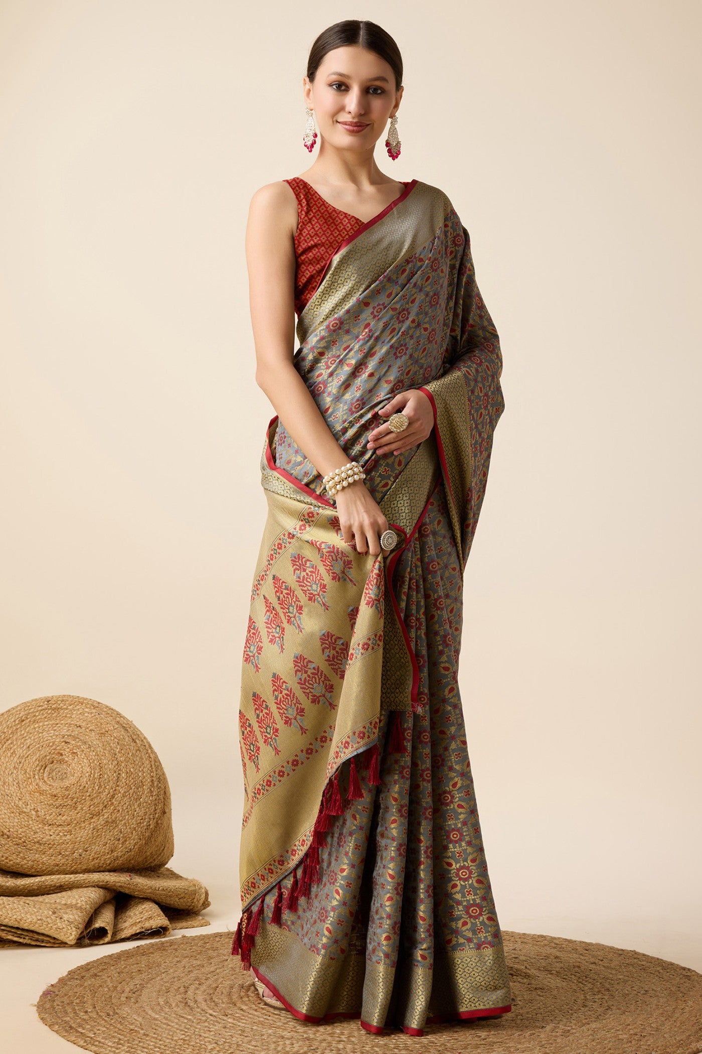 Buy MySilkLove Gunmetal Grey Zari Woven Banarasi Saree Online
