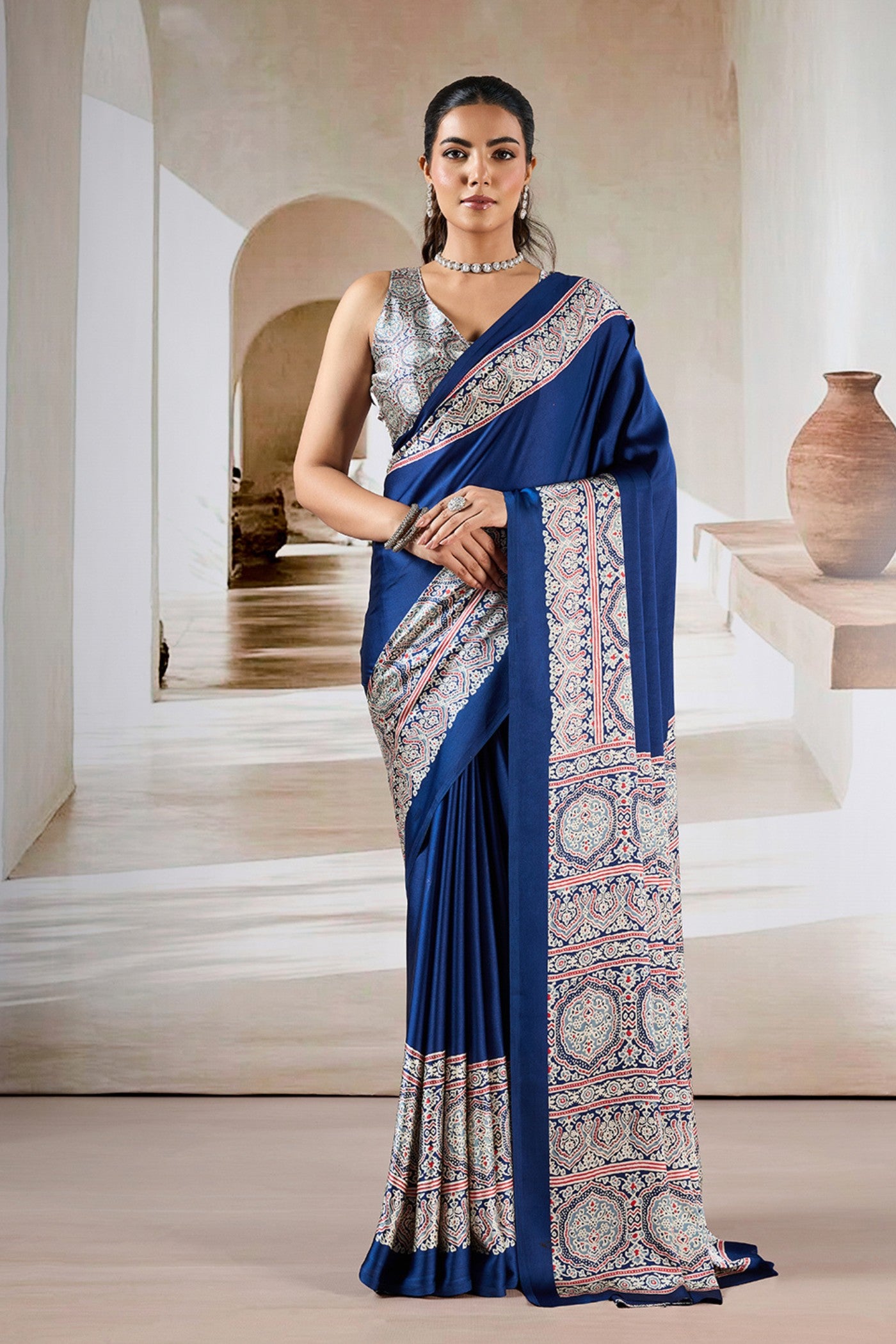 Buy MySilkLove Azure Blue Ajrakh Printed Satin Crepe Silk Saree Online