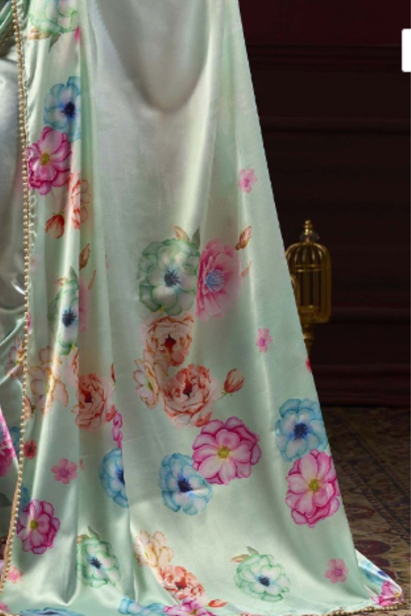 Buy MySilkLove Seafoam Green Floral Printed Satin Silk Saree Online