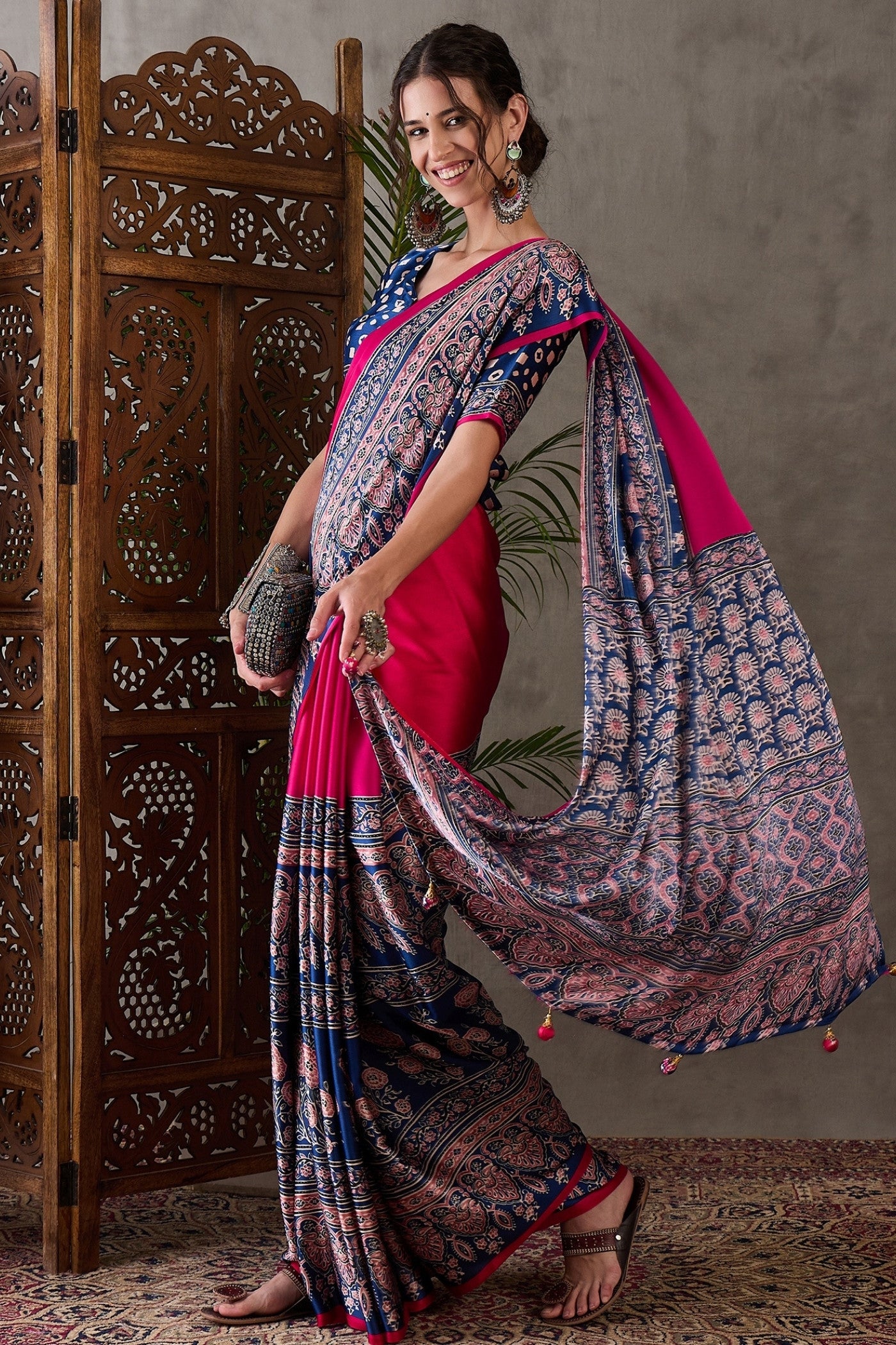 Buy MySilkLove Magenta Pink Printed Satin Gaji Silk Saree Online