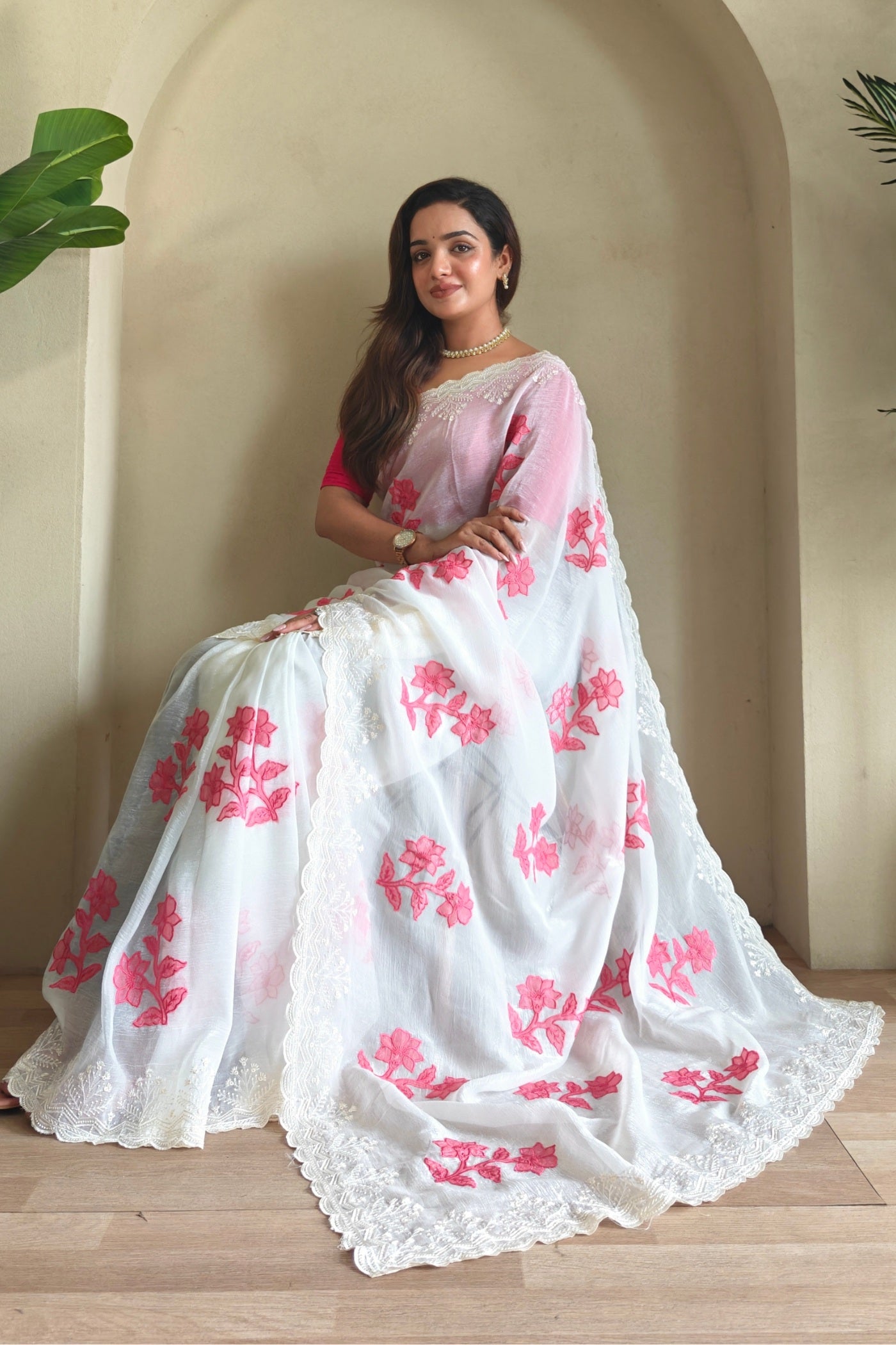 Buy MySilkLove Snow White Embroidered Floral Silk Saree Online