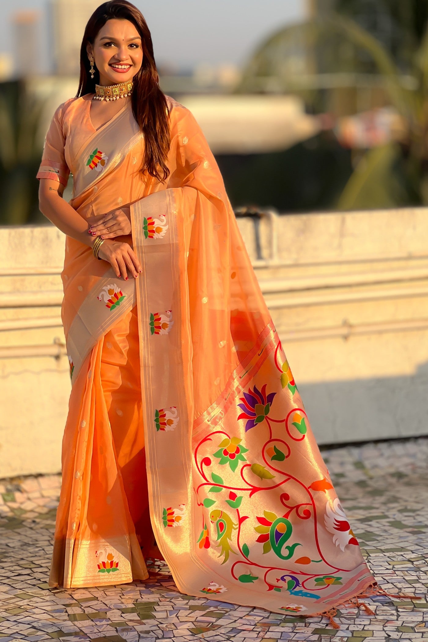 Buy MySilkLove Burnt Orange Organza Woven Paithani Saree Online