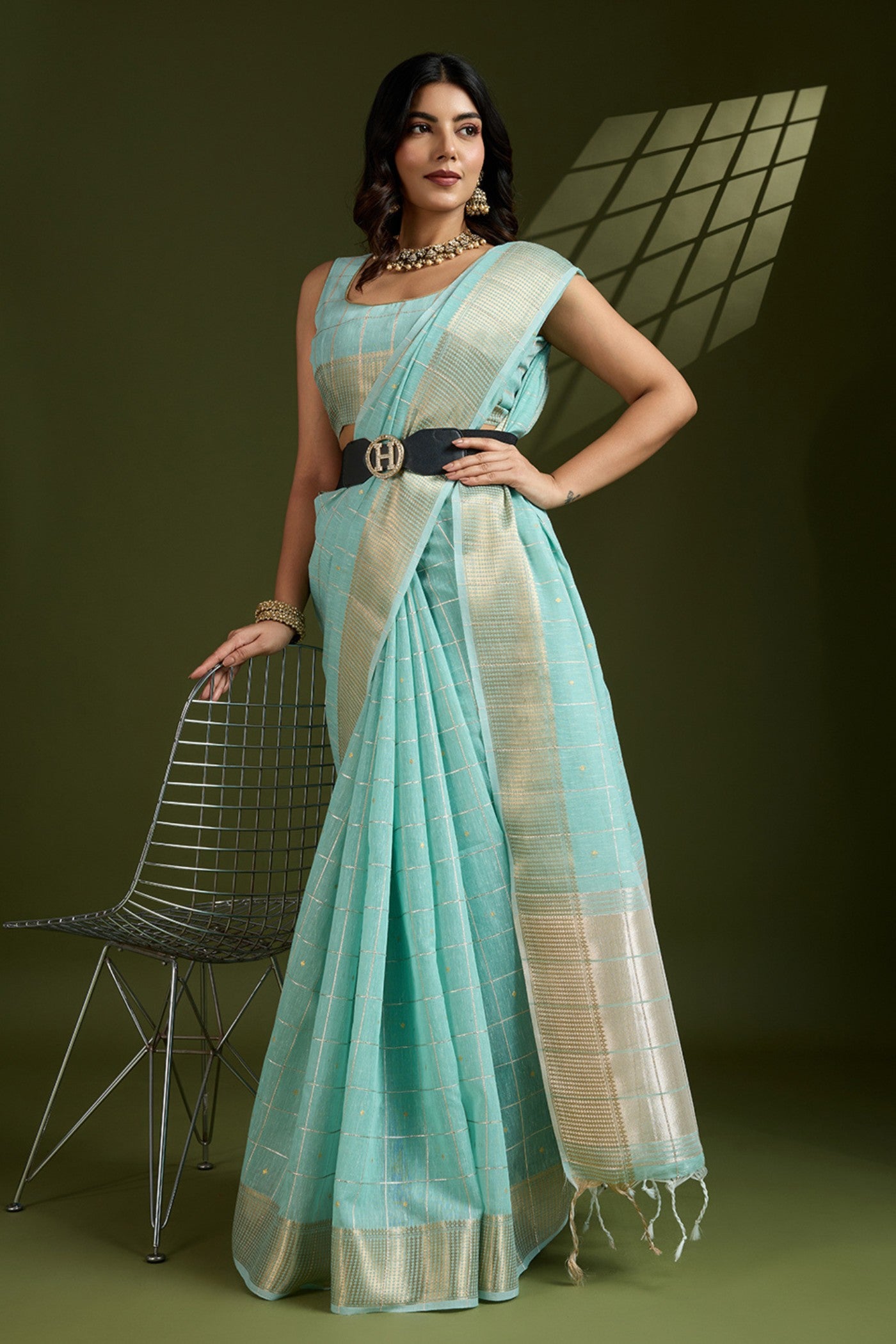 Buy MySilkLove Rainy Blue Woven Tissue Linen Saree Online