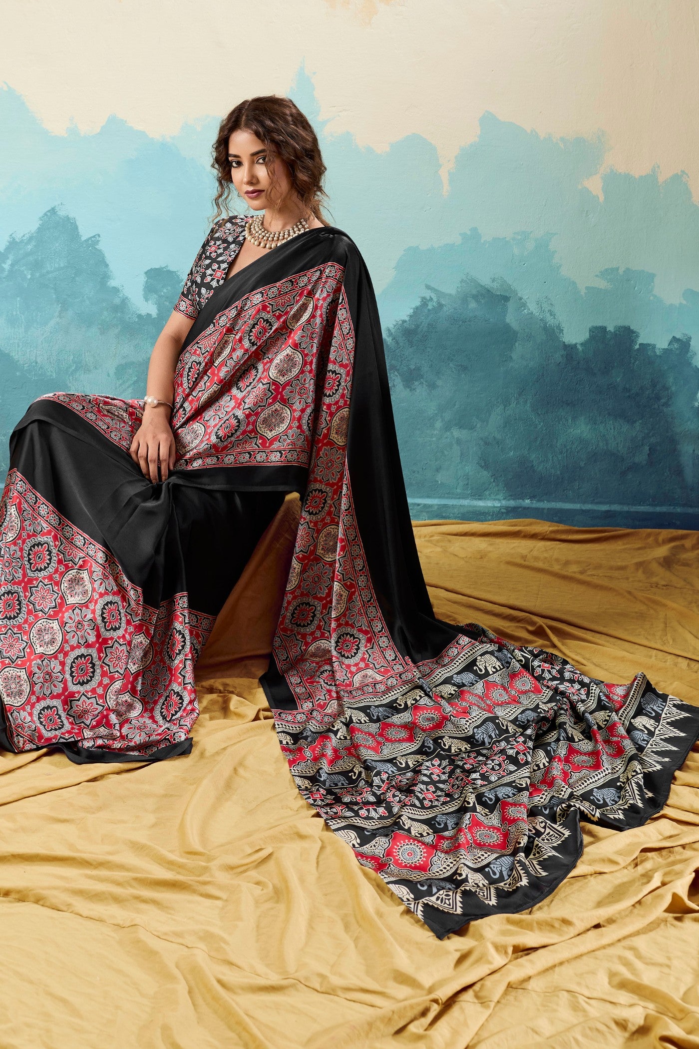 Buy MySilkLove Black Lichen Modal Ajrakh Satin Printed Silk Saree Online