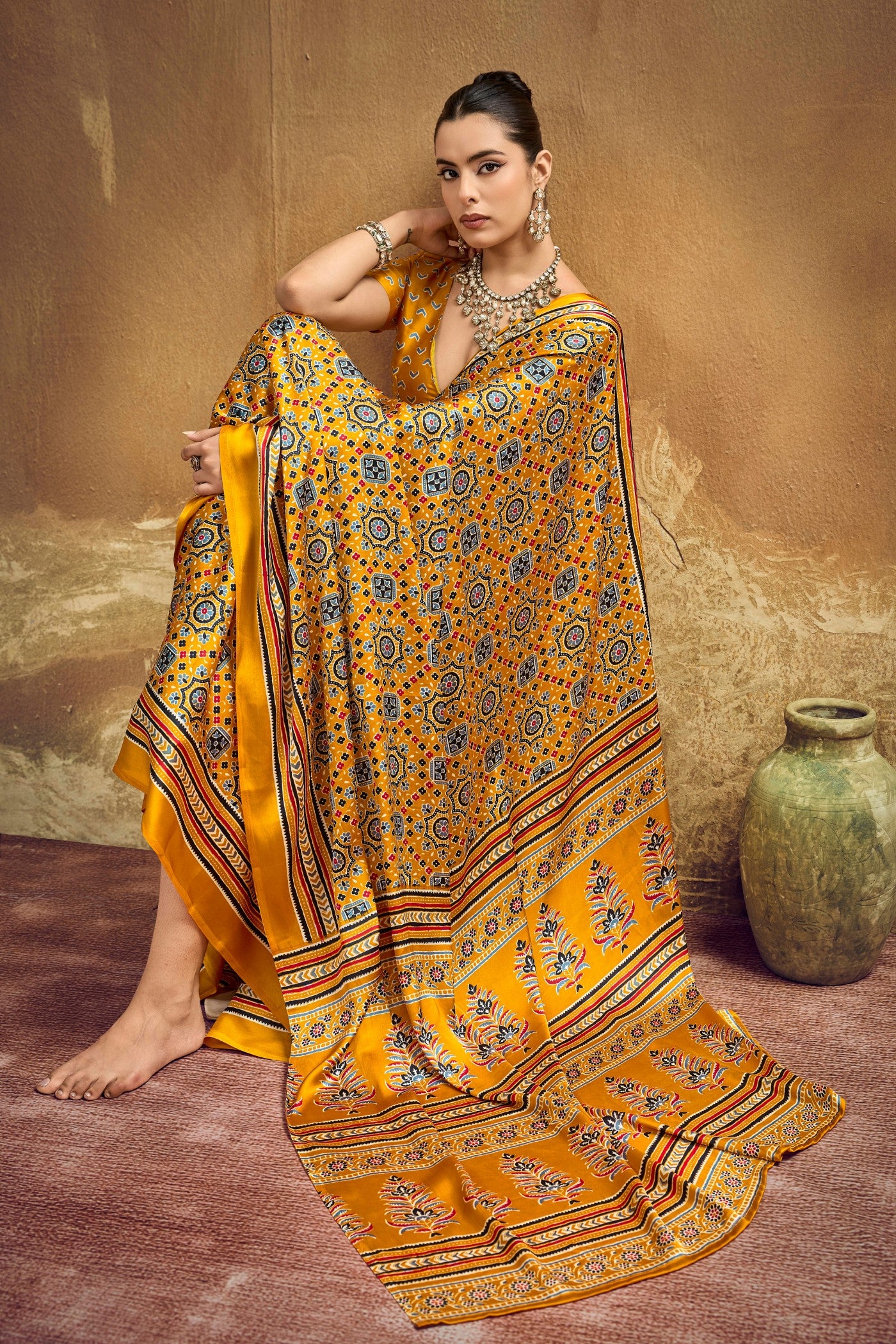Buy MySilkLove Jonquil Yellow Modal Ajrakh Satin Printed Silk Saree Online