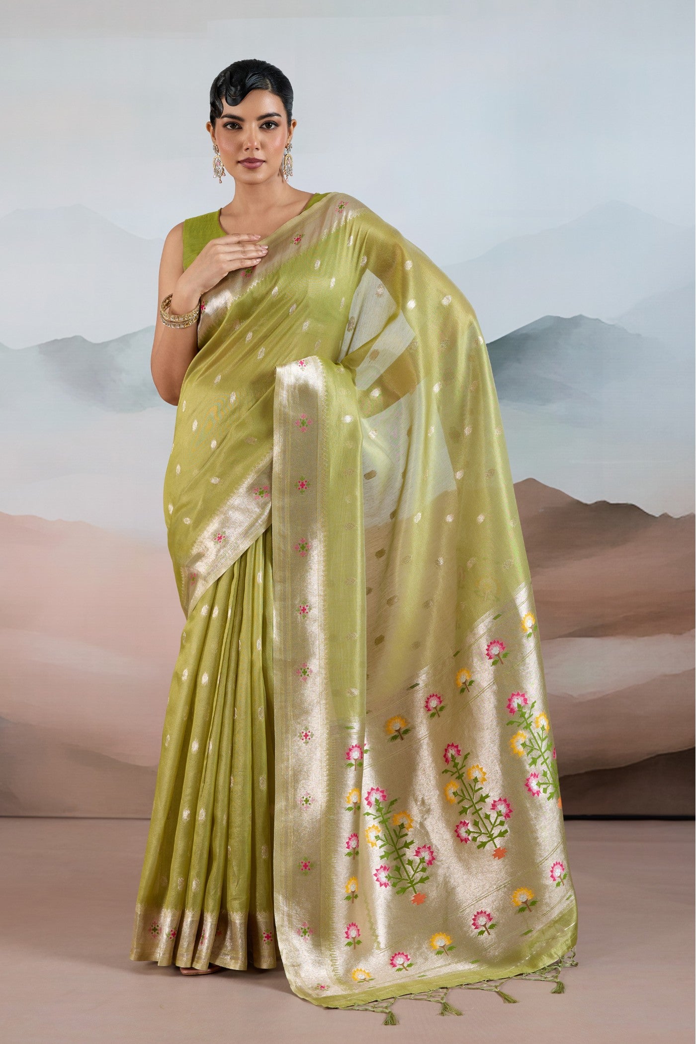 Buy MySilkLove Frosted Green Zari Woven Tissue Paithani Saree Online