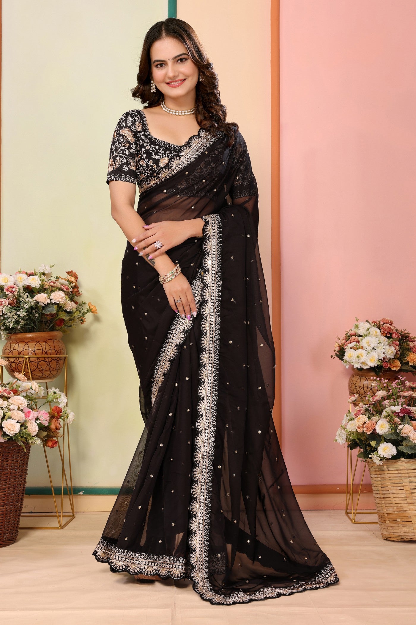 Buy MySilkLove Metal Black Organza Designer Partywear Saree Online