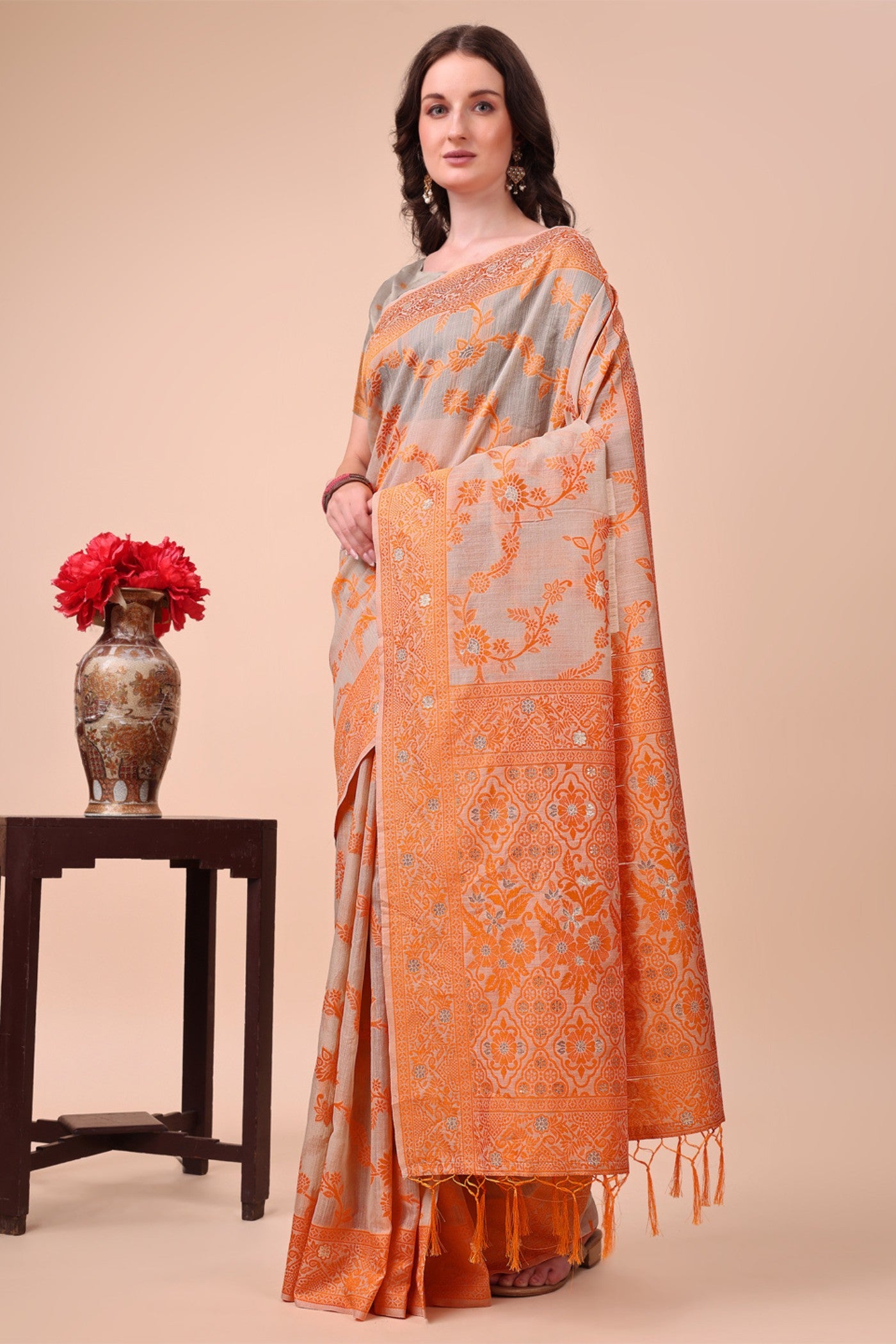 Buy MySilkLove Squash Orange Woven Cotton Saree Online