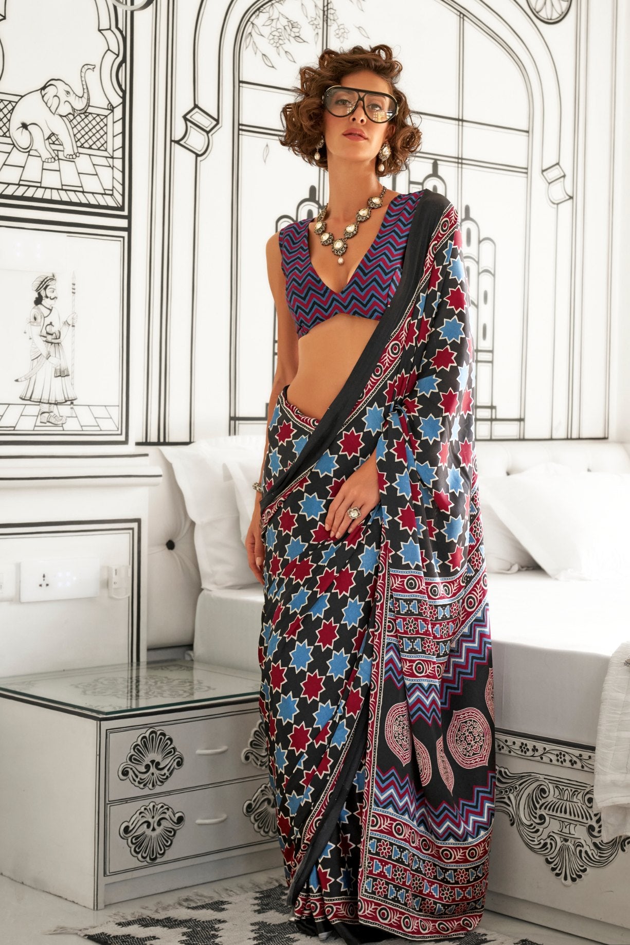 Buy MySilkLove Tuatara Black and Blue Printed Ajrakh Satin Crepe Saree Online