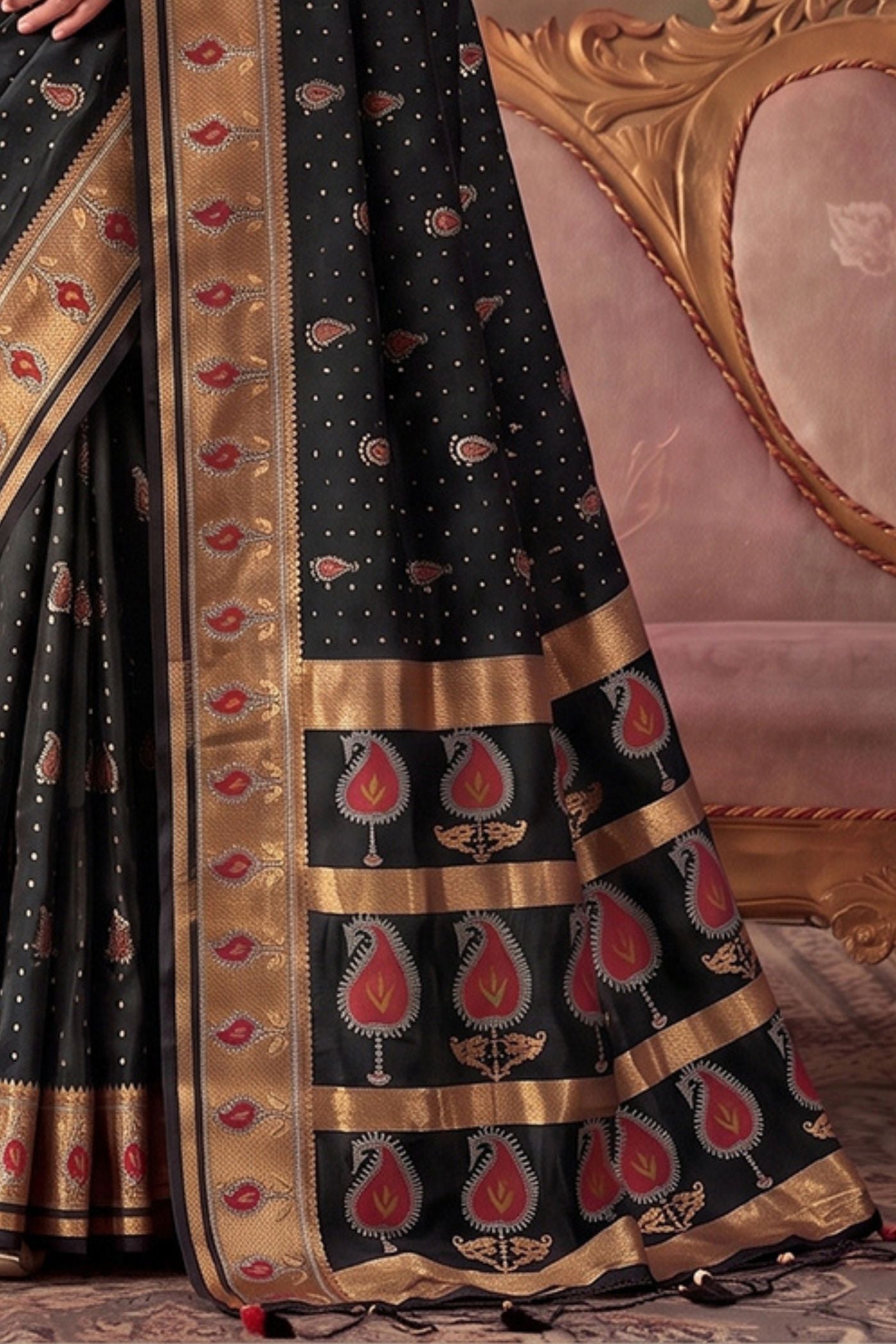 Buy MySilkLove Graphite Black Woven Banarasi Soft Silk Saree Online