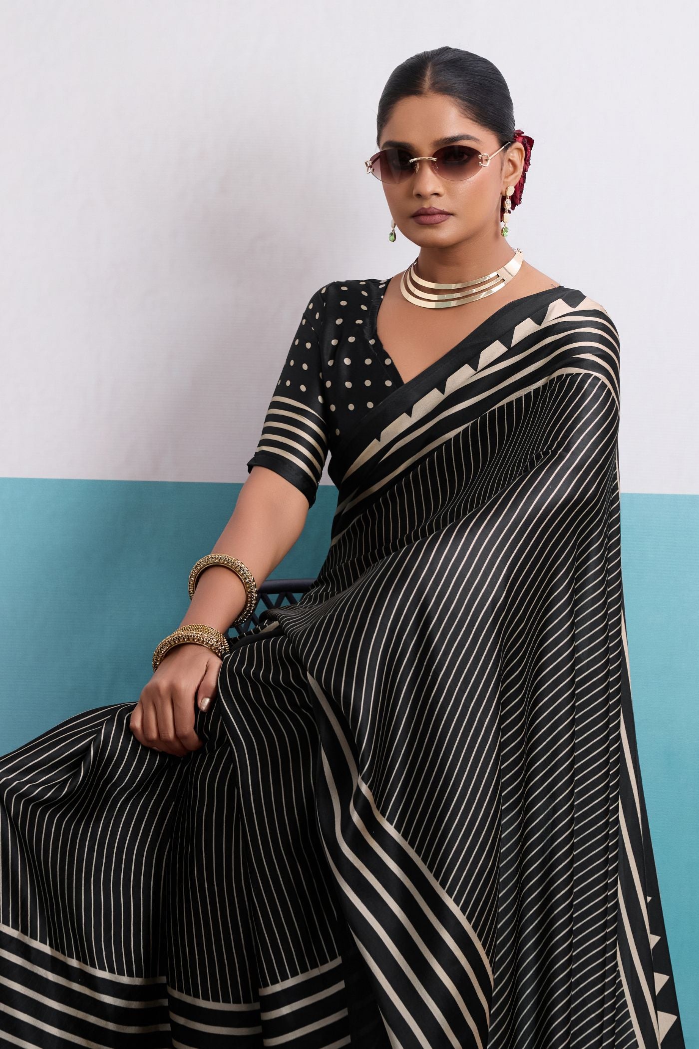 Buy MySilkLove Noir Black Stripe Ajrakh Printed Satin Crepe Silk Saree Online