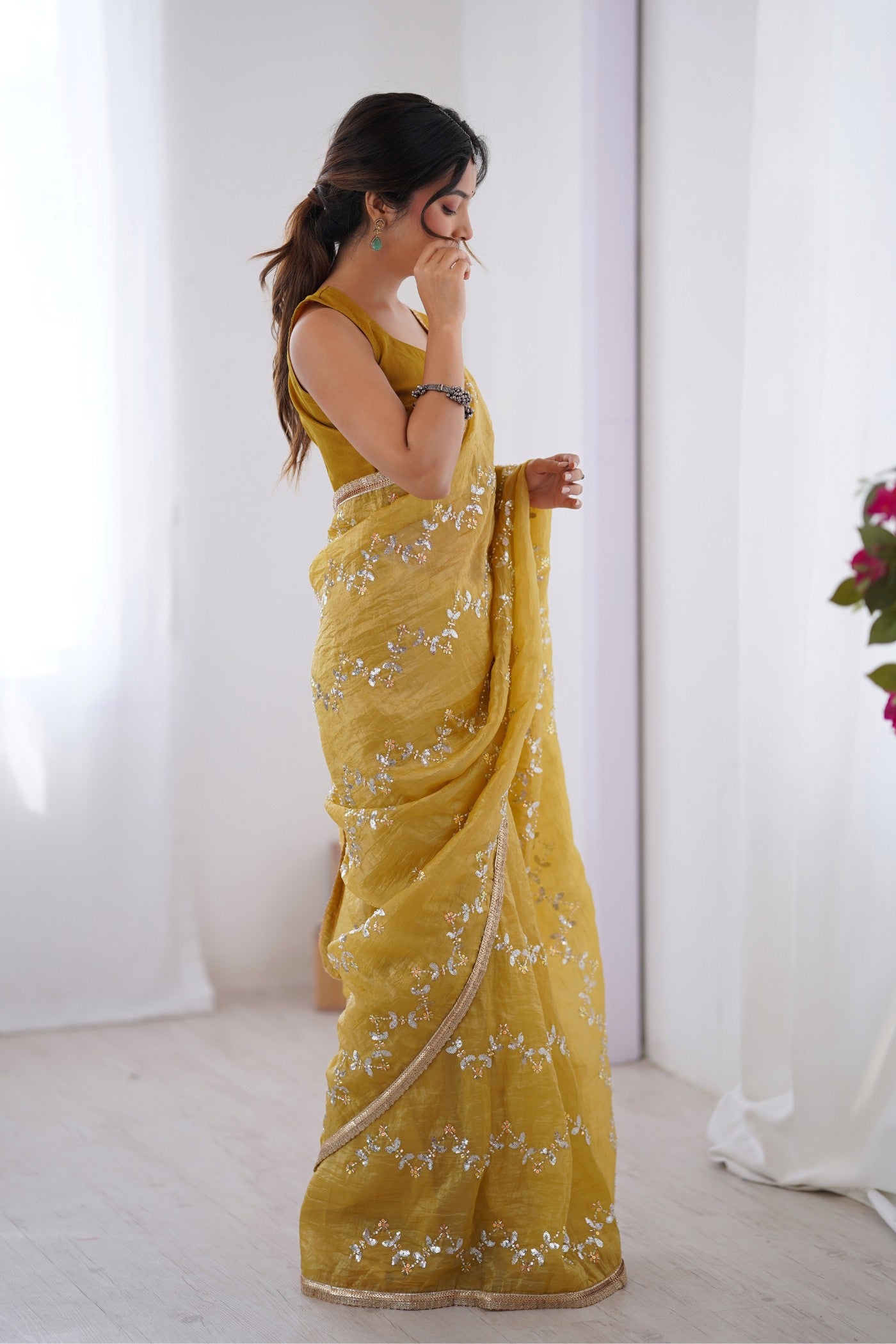 Buy MySilkLove Flax Yellow Designer Partywear Saree Online