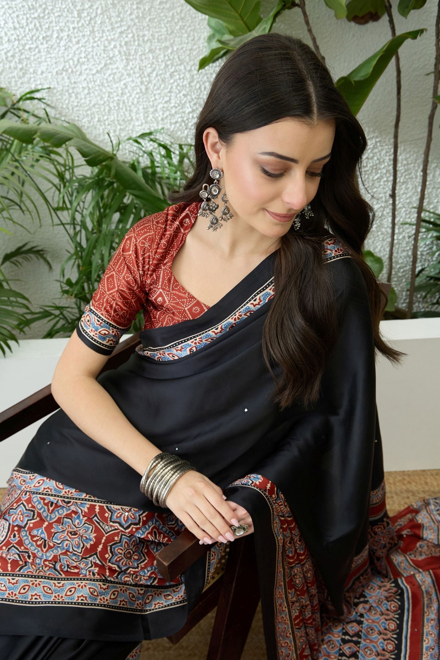 MySilkLove Jet Black and Red Modal Ajrakh Satin Printed Silk Saree