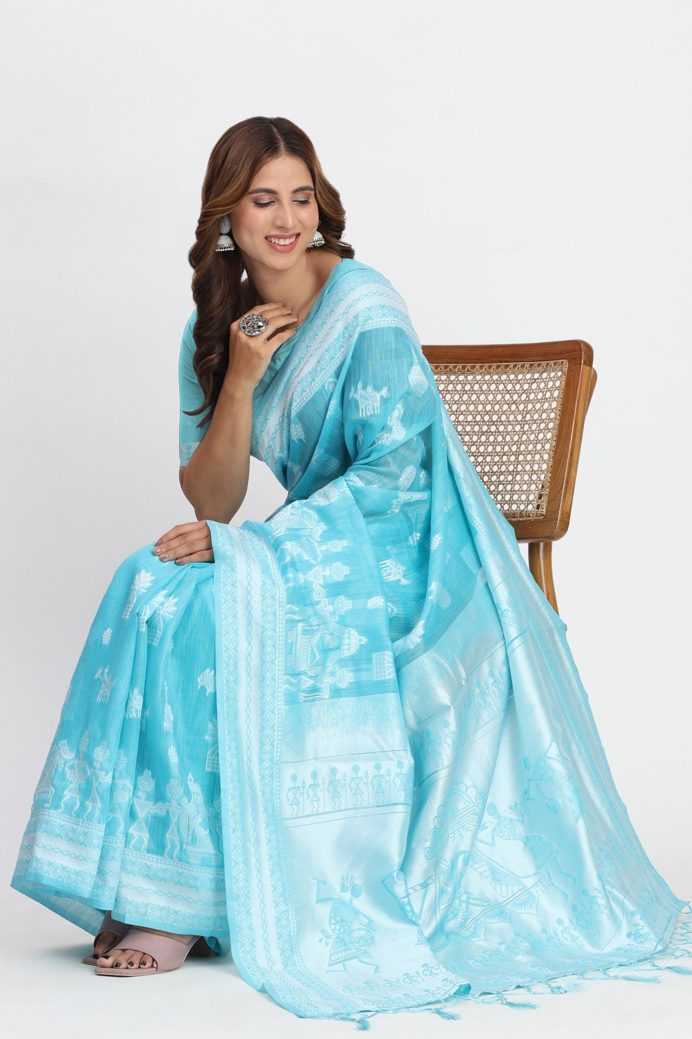 Buy MySilkLove Chathams Blue Woven Linen Cotton Saree Online