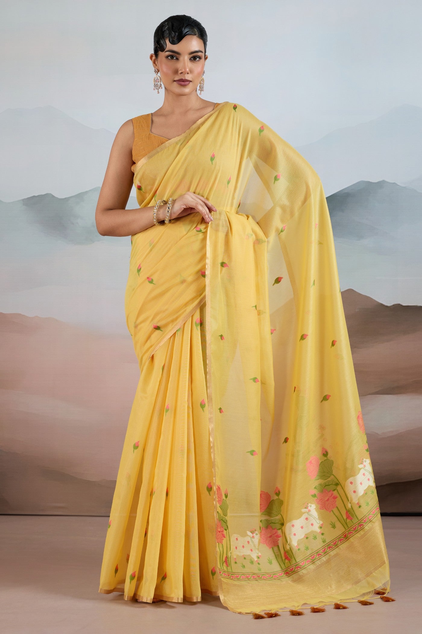 Buy MySilkLove Aureolin Yellow Cotton Handloom Pichwai Saree Online