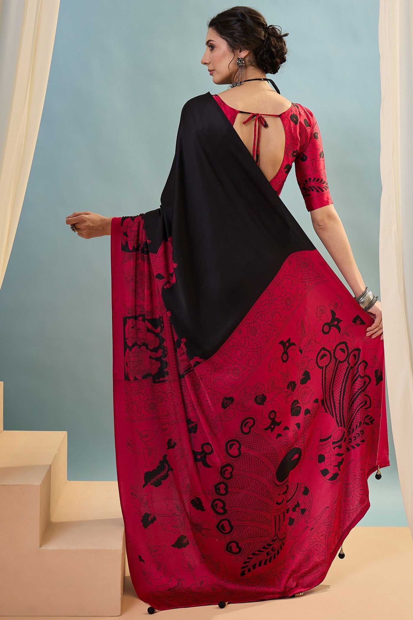 Buy MySilkLove Charleston Black Ajrakh Printed Satin Crepe Silk Saree Online