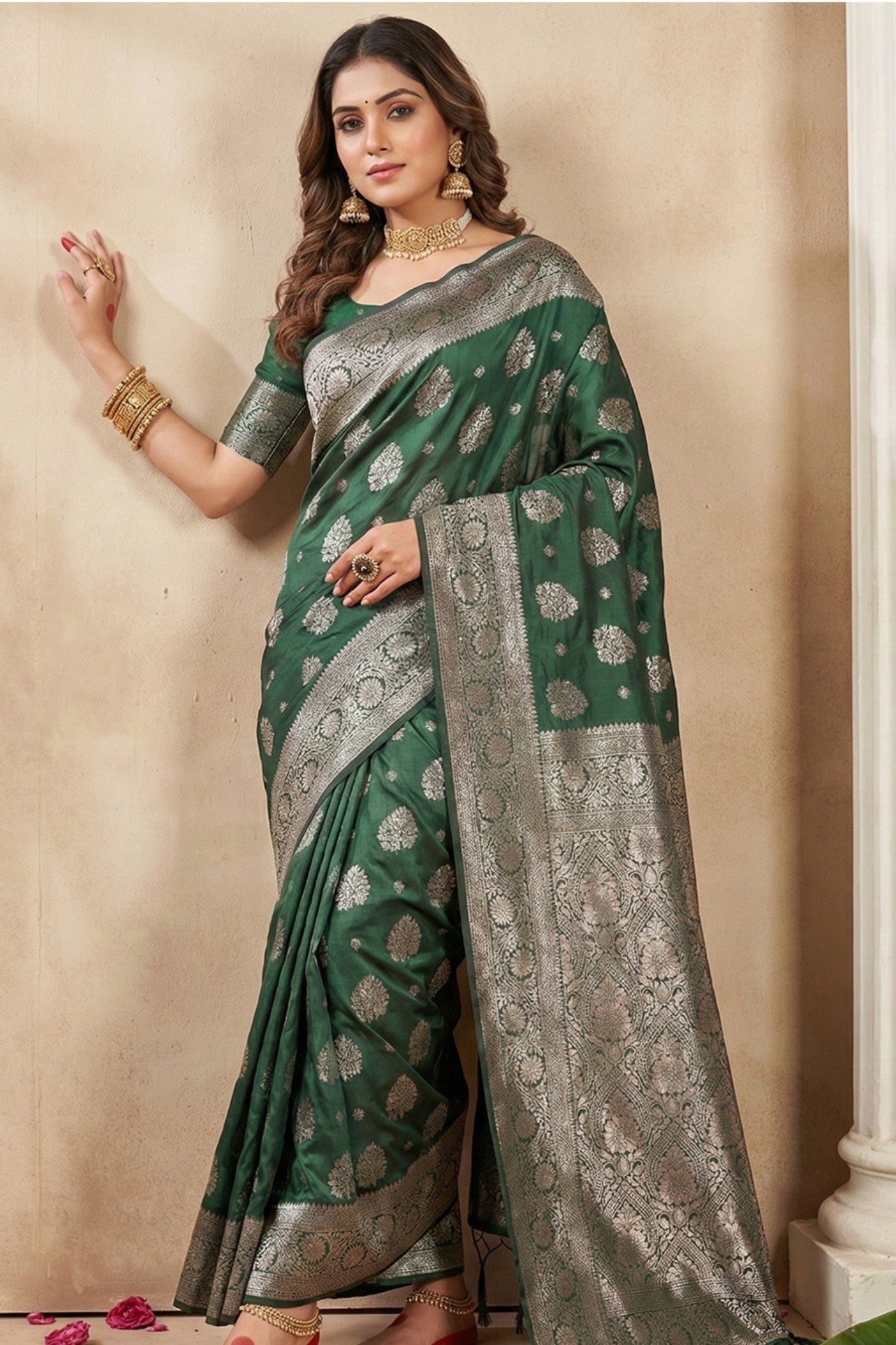 Buy MySilkLove Jungle Green Banarasi Woven Silk Saree Online
