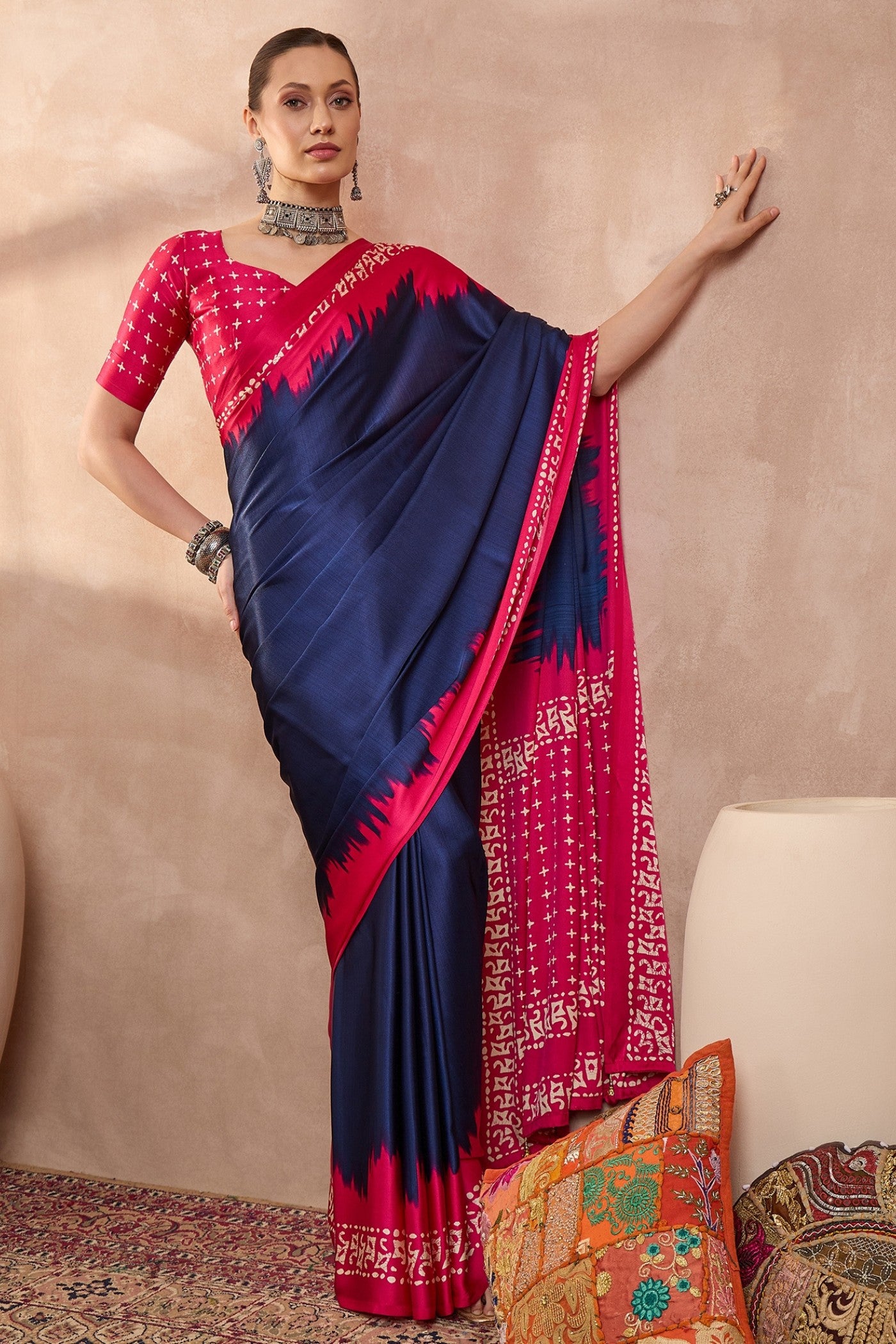 Buy MySilkLove Pigment Blue Printed Satin Crepe Silk Saree Online