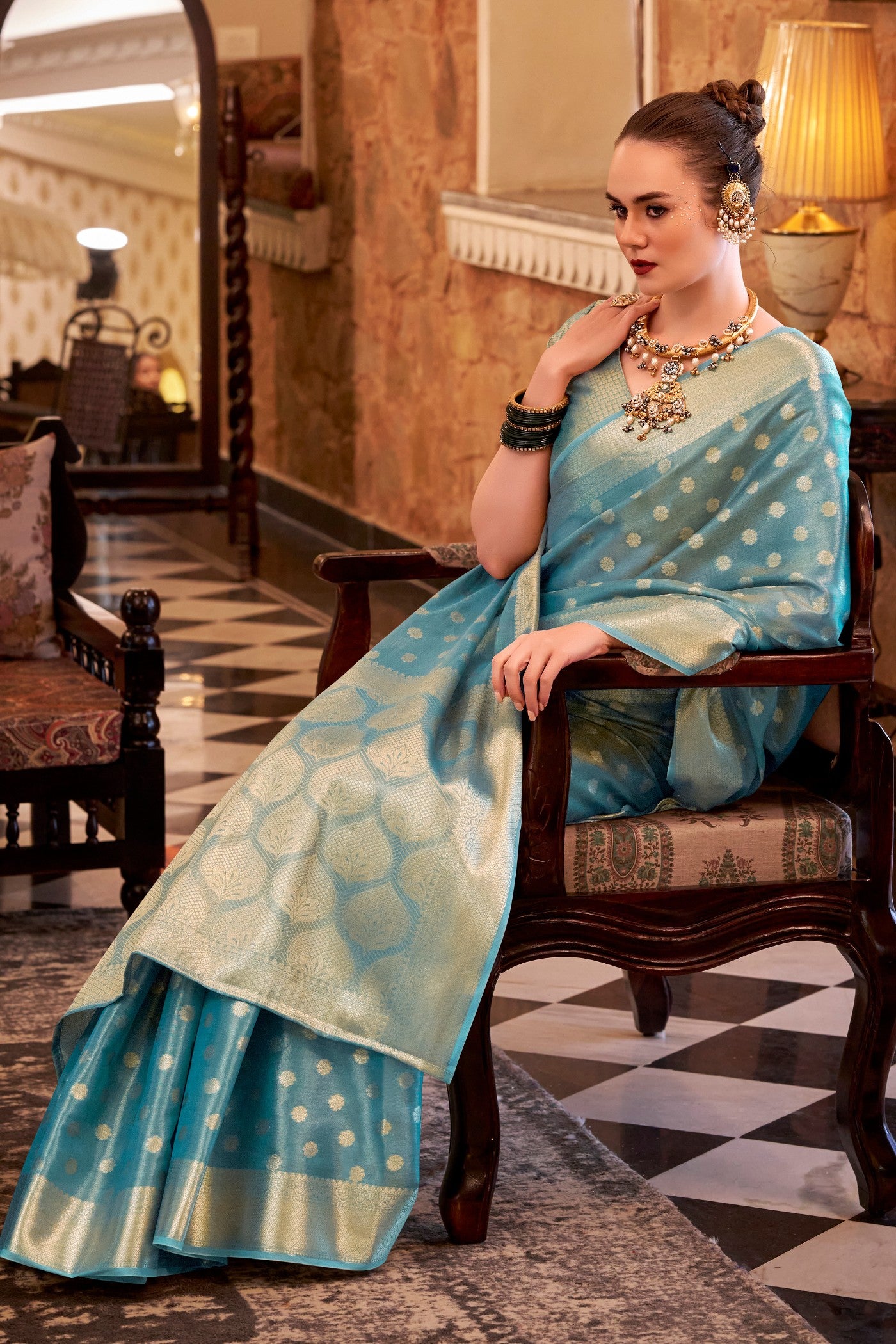 Buy MySilkLove Yale Blue Woven Tissue Silk Saree Online
