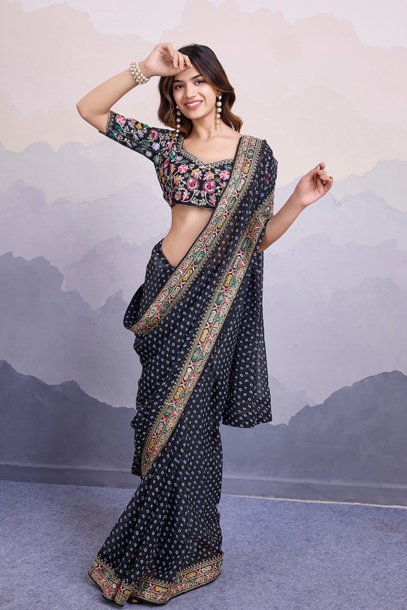 Buy MySilkLove Black Raisins Bandhani Georgette Printed Partywear Saree Online