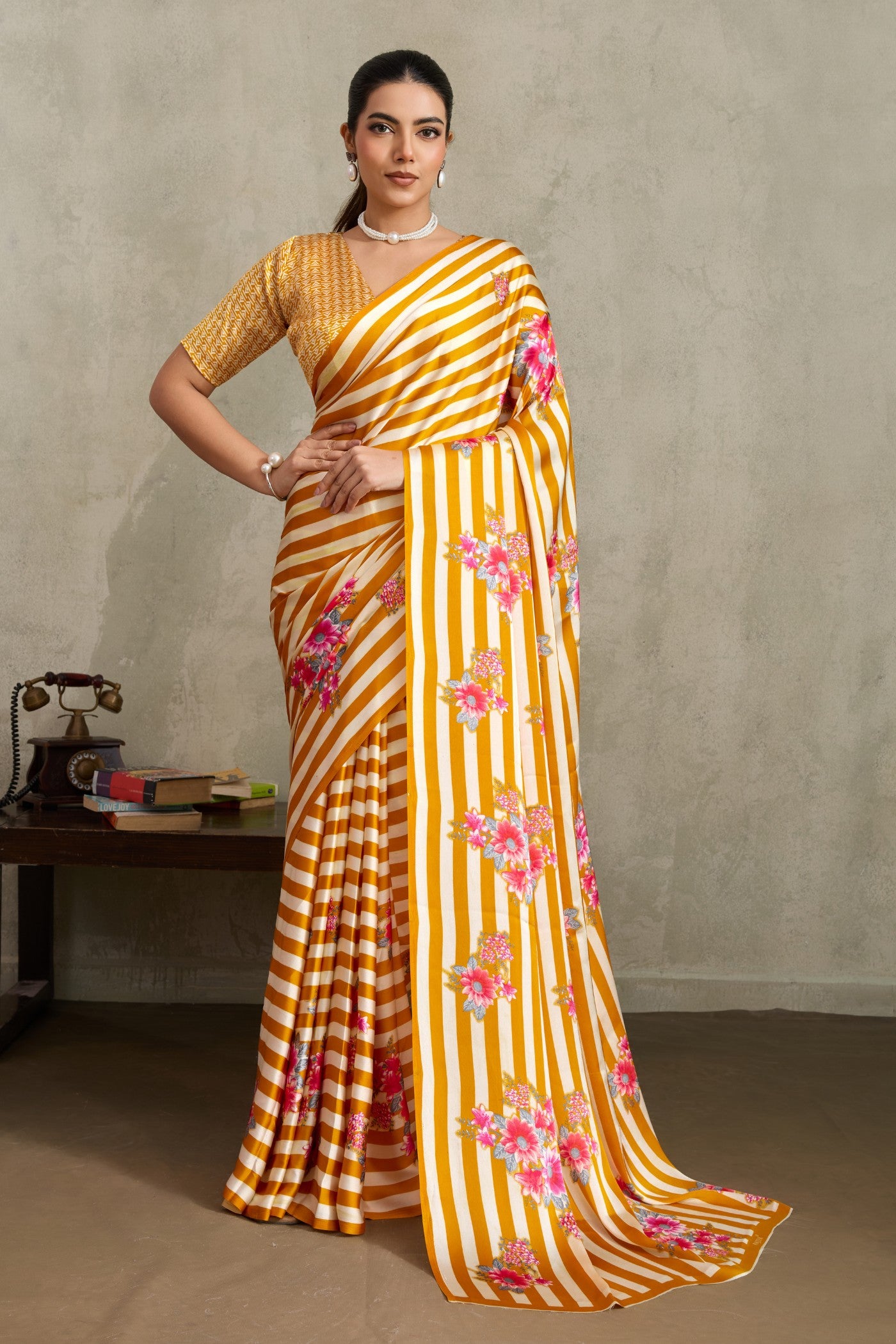 Buy MySilkLove Cyber Yellow Ajrakh Printed Satin Crepe Silk Saree Online