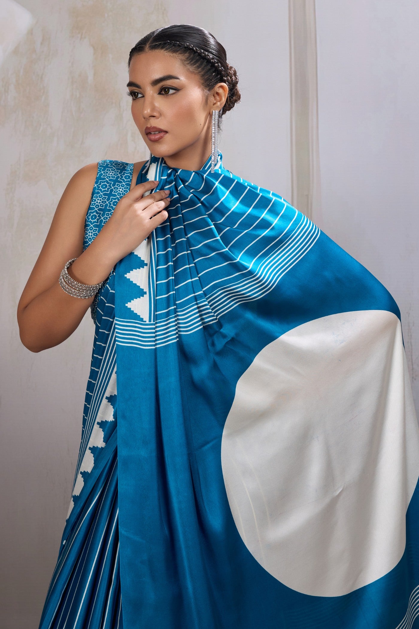 Buy MySilkLove Hydrangea Blue Ajrakh Printed Satin Crepe Silk Saree Online