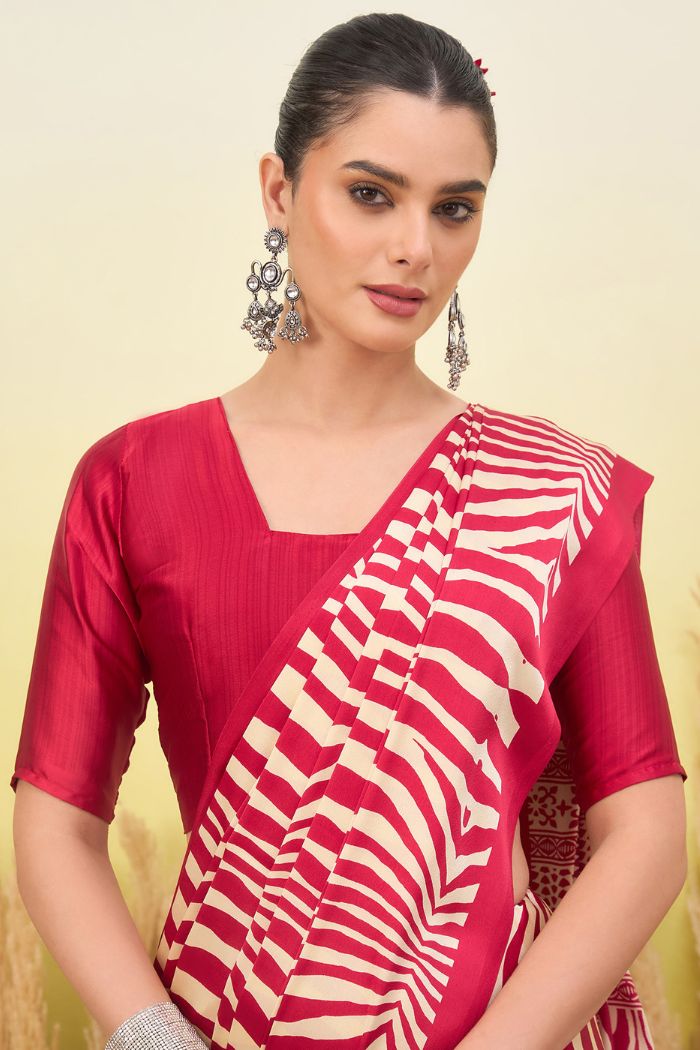 Buy MySilkLove Wine Red Modal Ajrakh Satin Printed Silk Saree Online