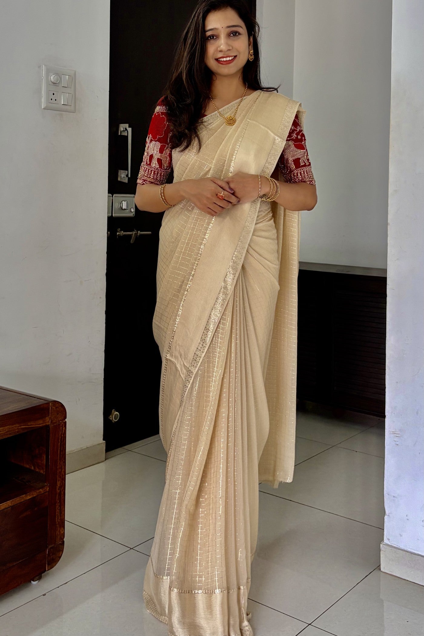 Buy MySilkLove Pearly Cream Georgette Partywear Saree Online