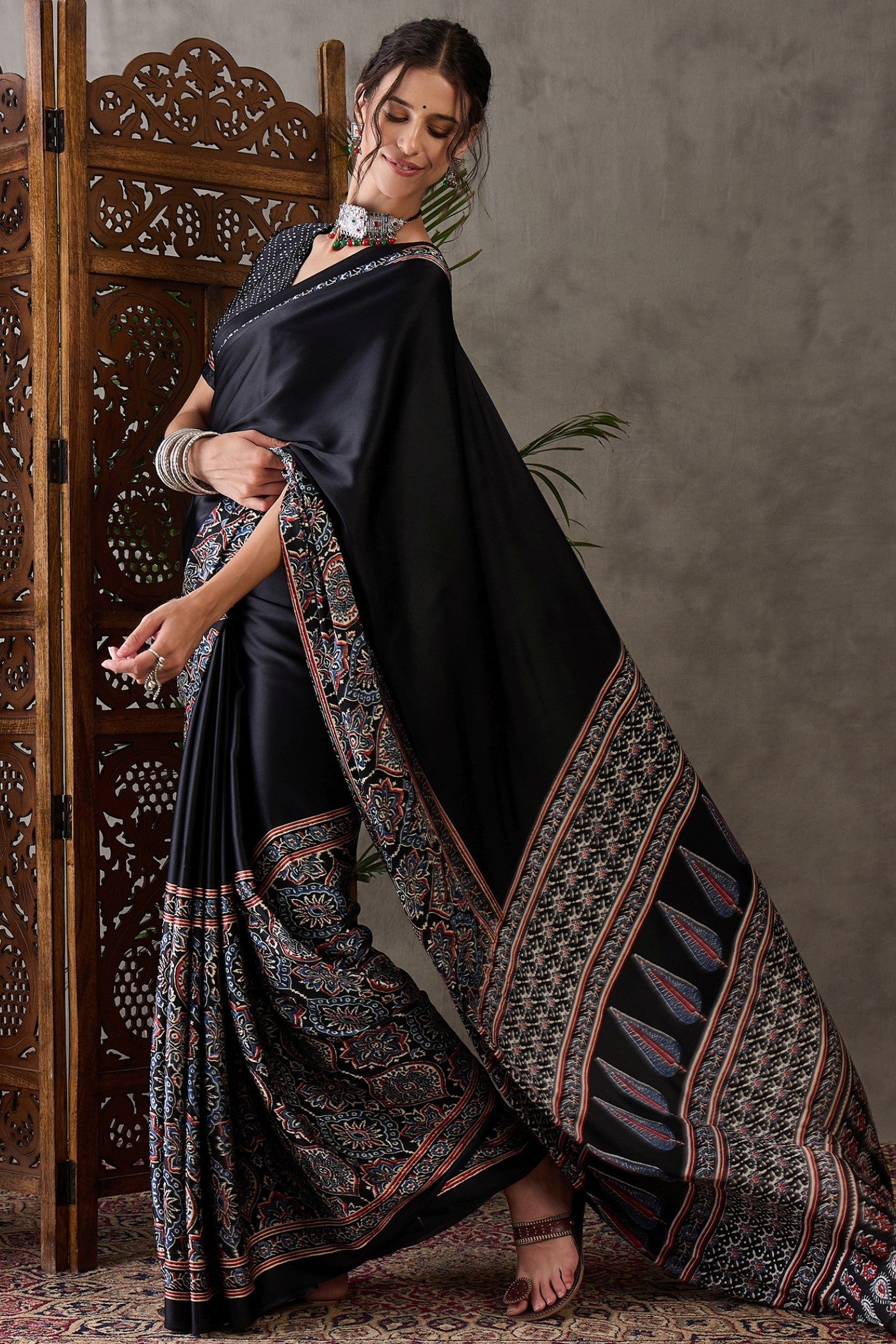 Buy MySilkLove Metal Black Ajrakh Printed Satin Gaji Silk Saree Online