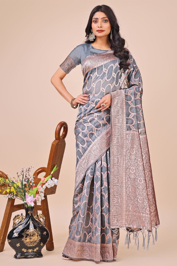 Buy MySilkLove Nevada Grey Linen Cotton Saree Online