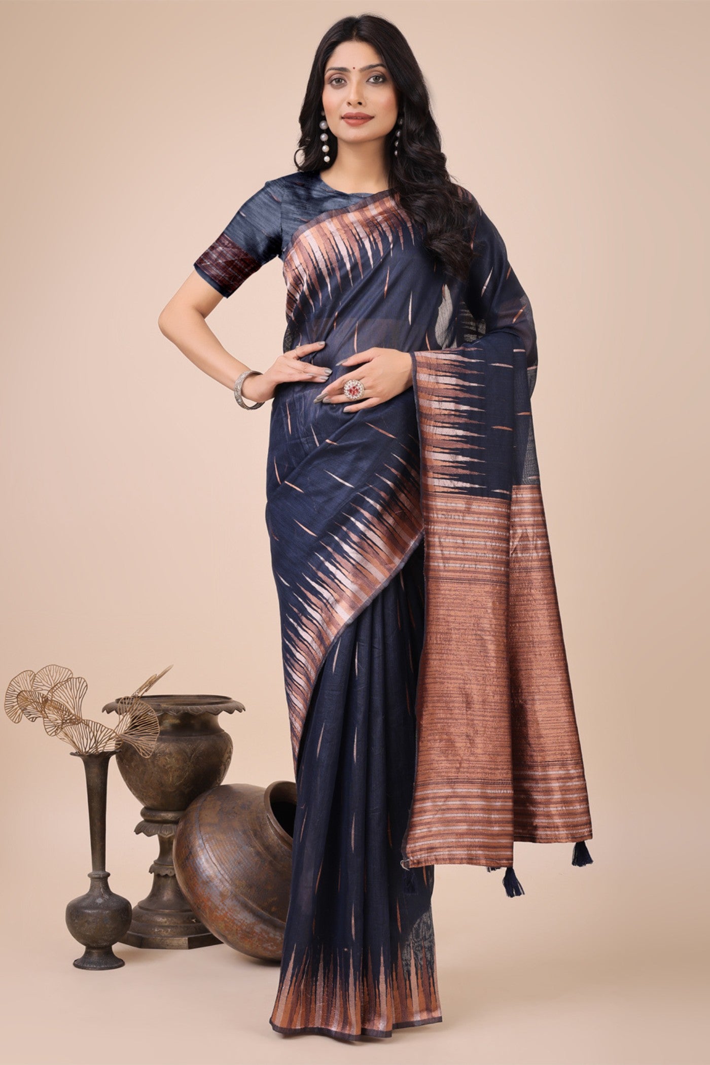 Buy MySilkLove Indigo Blue Linen Cotton Saree Online