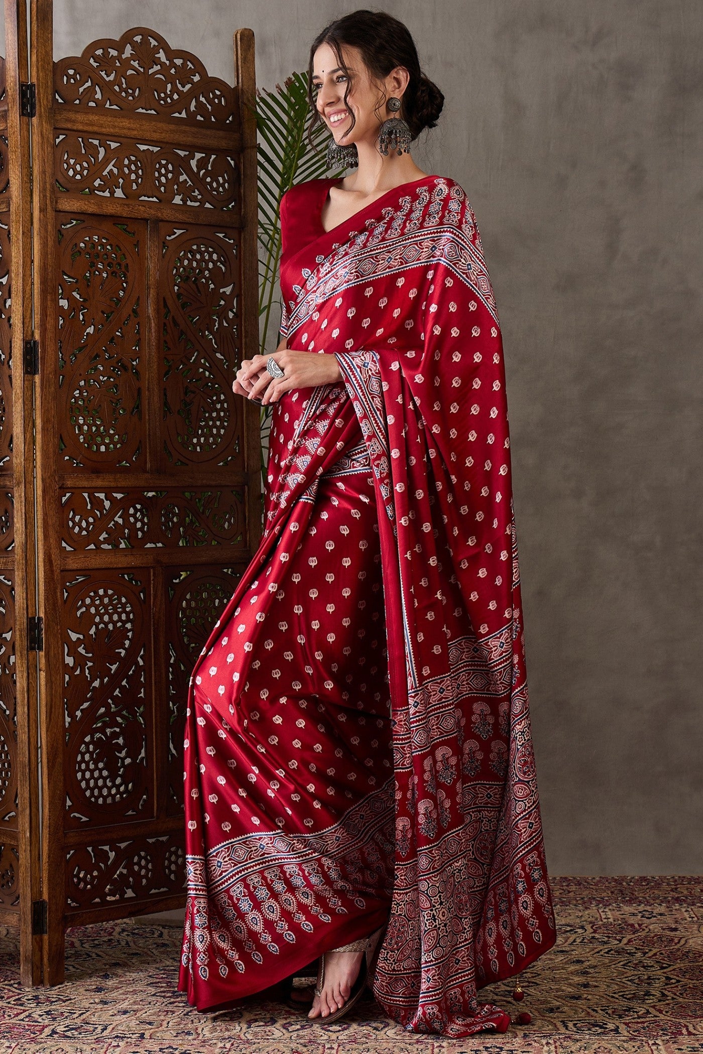 Buy MySilkLove Dark Rose Red Printed Satin Gaji Silk Saree Online