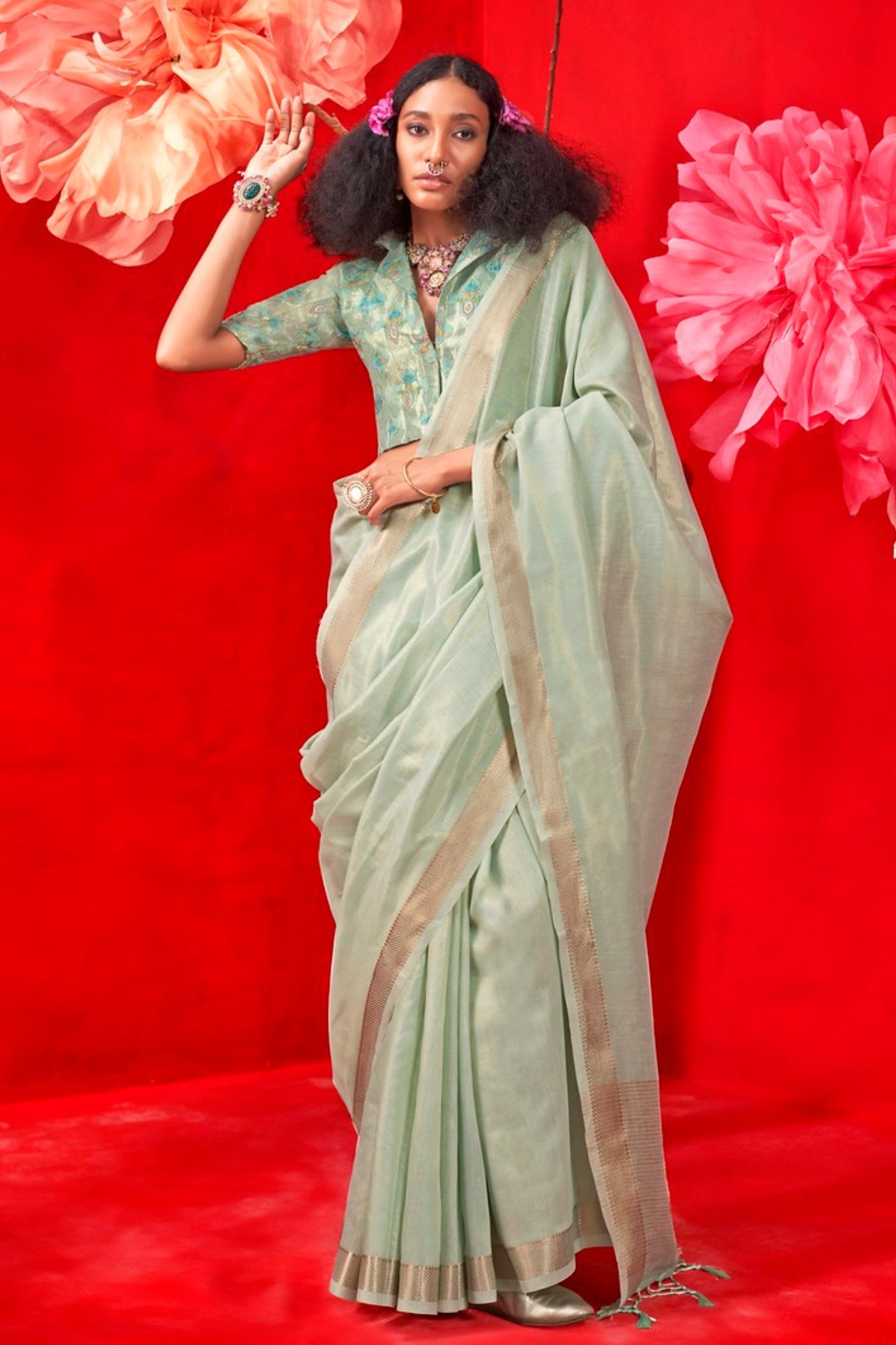 Buy MySilkLove Shadow Green Tissue Handloom Saree Online