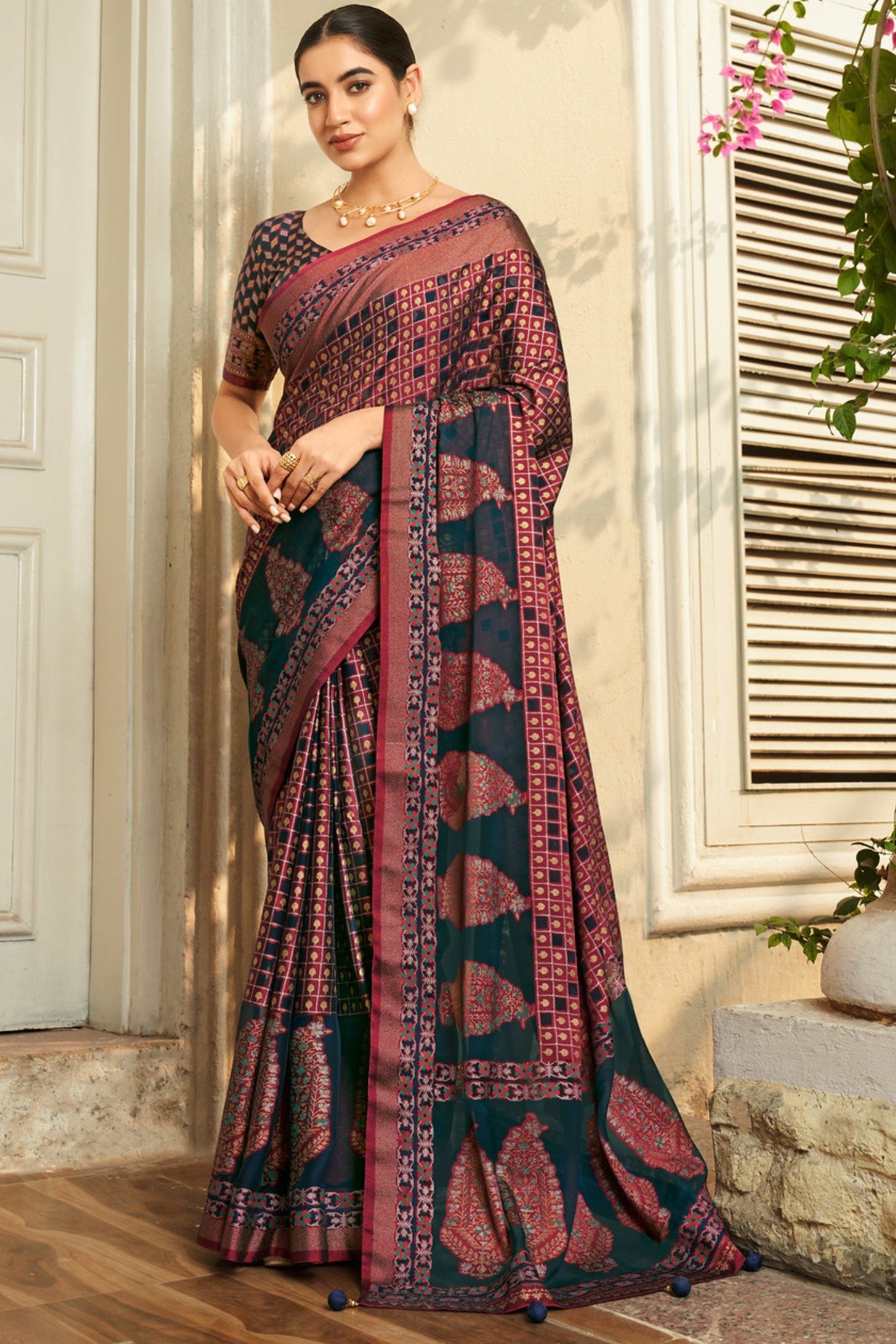 Buy MySilkLove Teal and Parts Brown Banarasi Georgette Saree Online