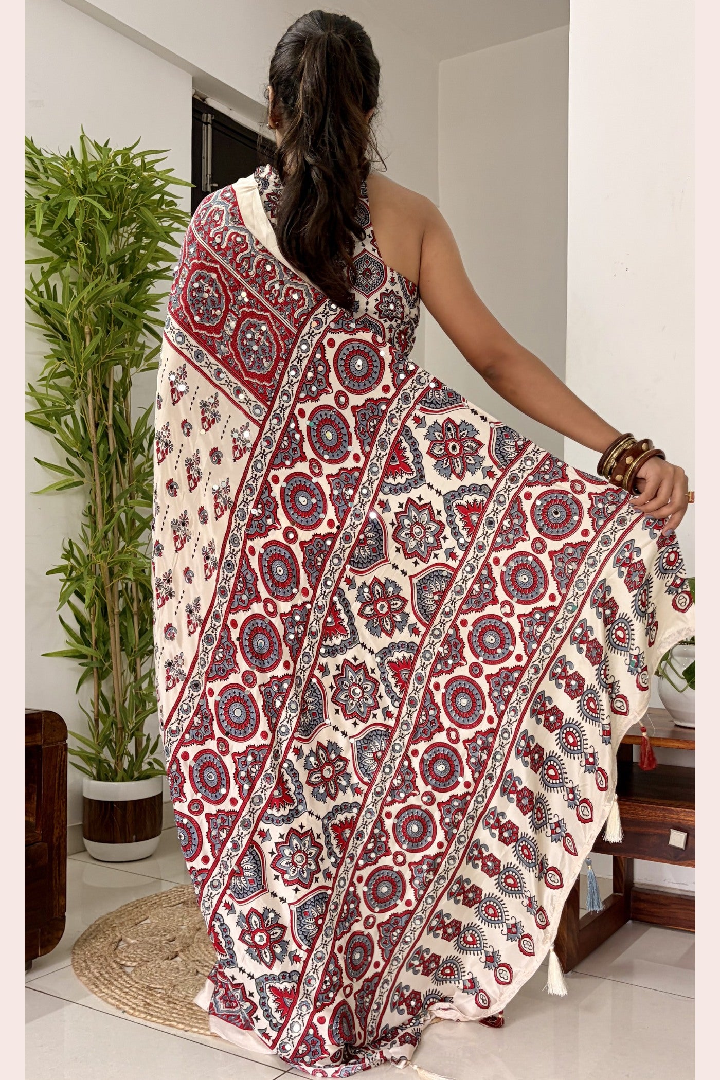 Buy MySilkLove Neutral Beige Modal Ajrakh Satin Printed Mirror Work Saree Online