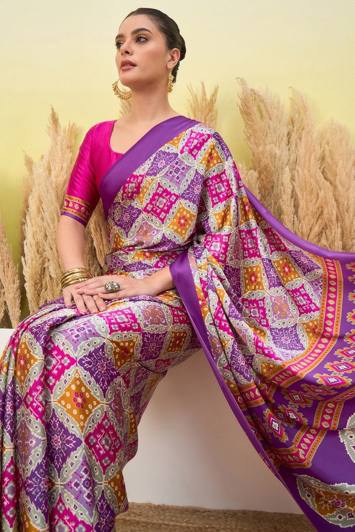 Buy MySilkLove Periwinkle Purple Patola Printed Satin Crepe Silk Saree Online