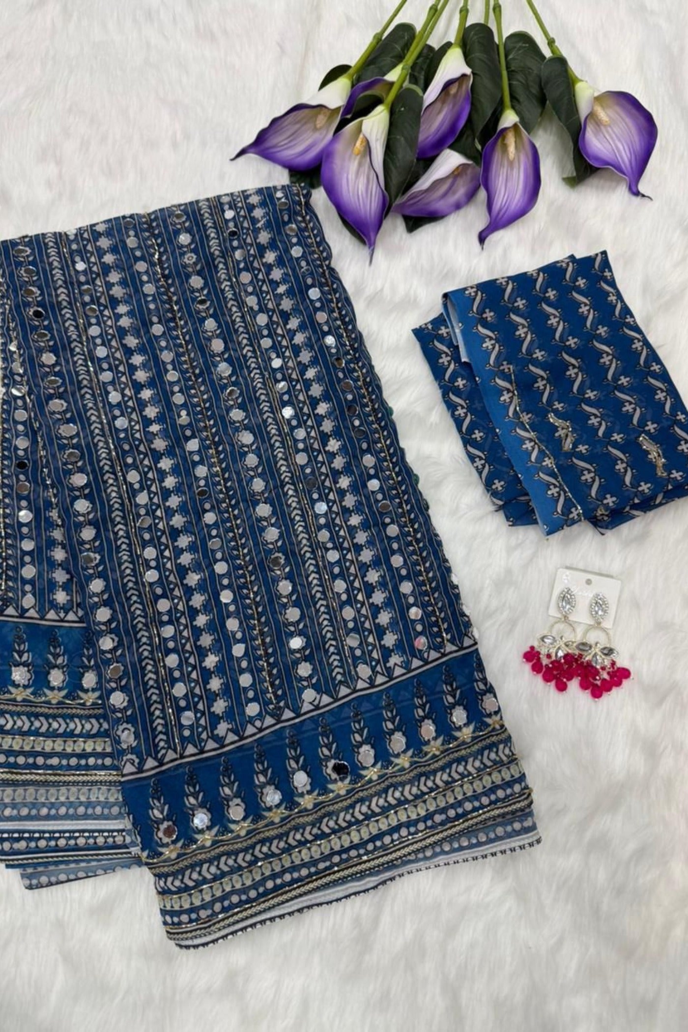 Buy MySilkLove Calypso Blue Ajrakh Georgette Printed Mirror Work Saree Online
