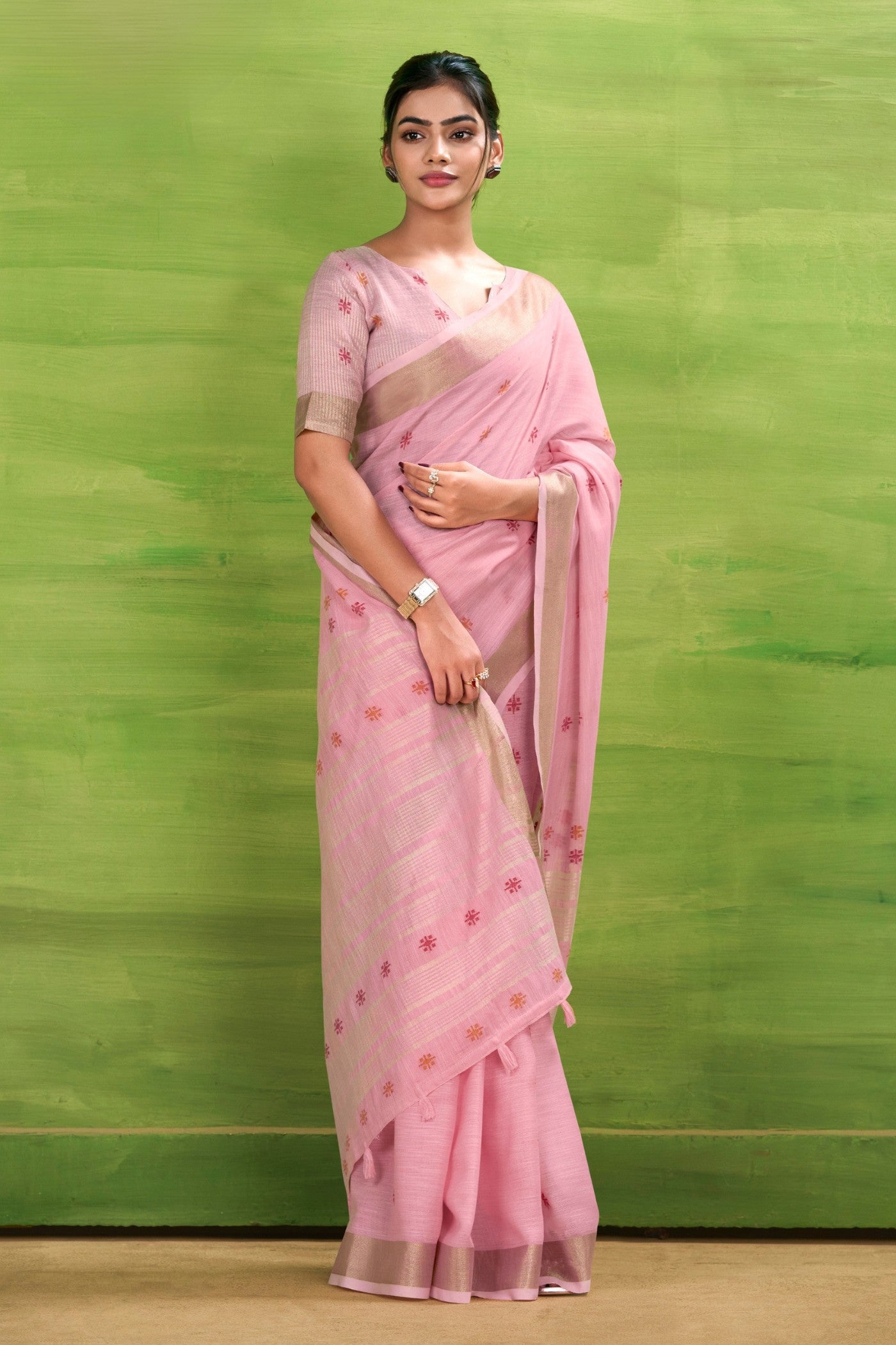 Buy MySilkLove Rose Pink Woven Linen Saree Online