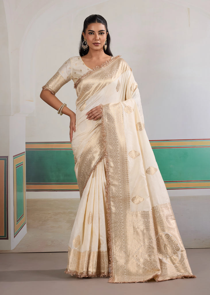 Buy MySilkLove Floral White Woven Banarasi Satin Silk Saree Online