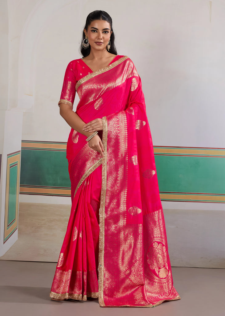 Buy MySilkLove Solid Pink Woven Banarasi Satin Silk Saree Online