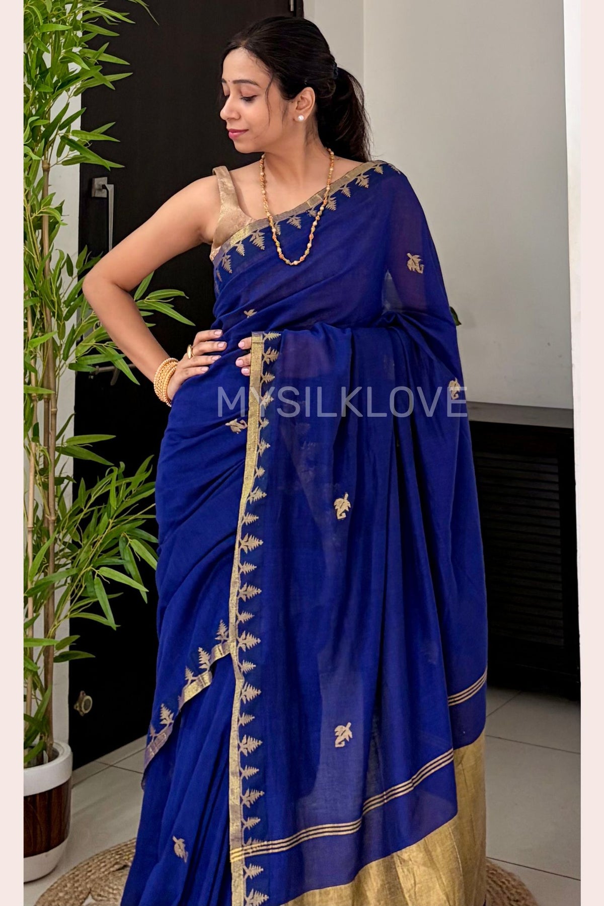 Buy MySilkLove Capri Blue Mul Mul Cotton Zari Woven Saree Without Blouse Online