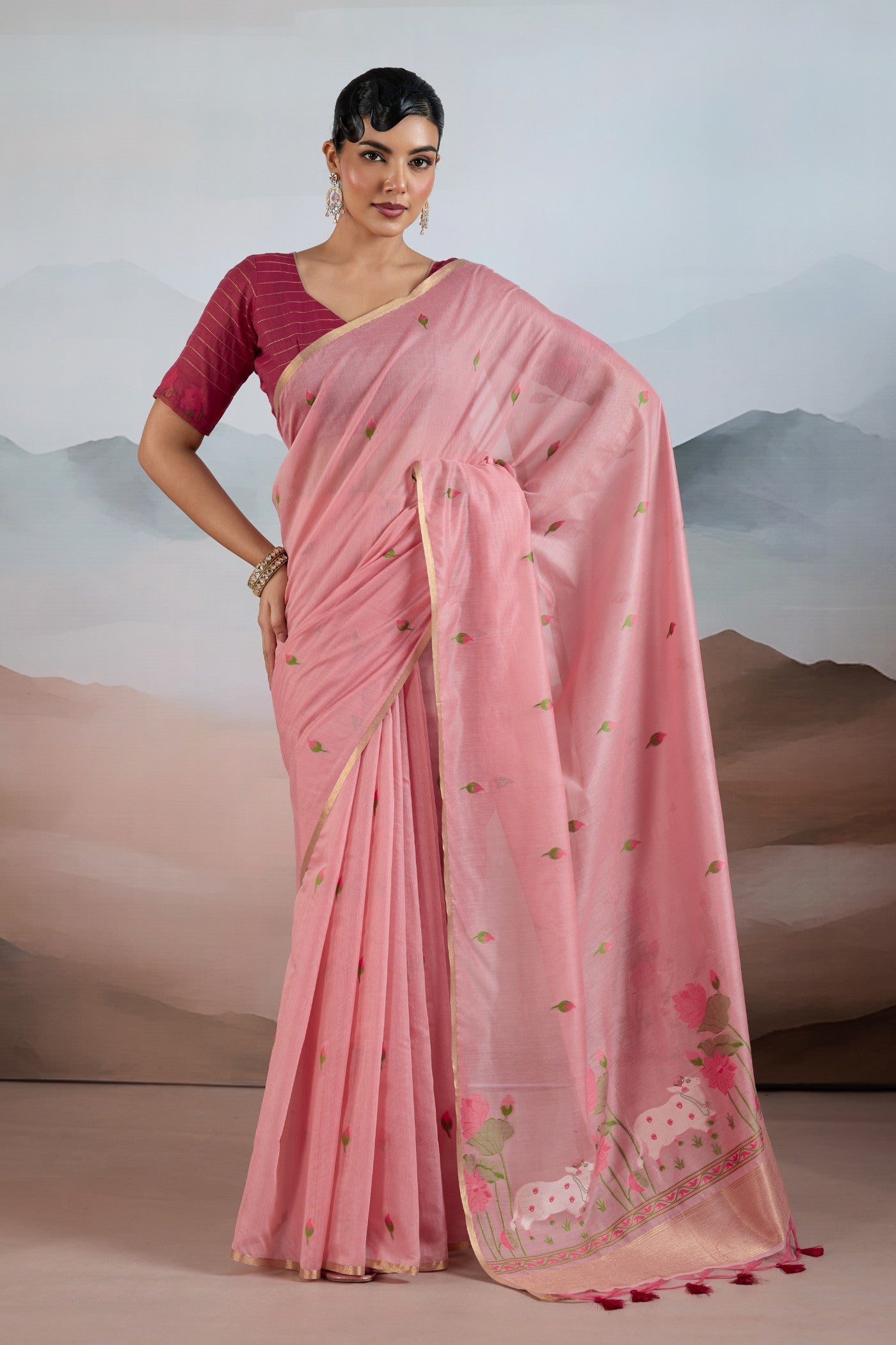 Buy MySilkLove French Rose Pink Cotton Handloom Pichwai Saree Online