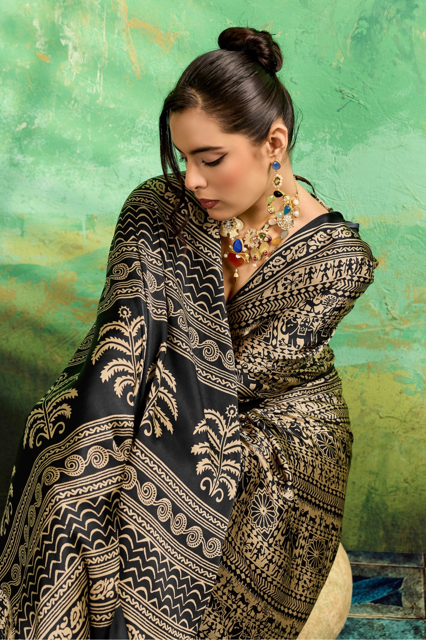 Buy MySilkLove Black Licorice Modal Satin Kalamkari Printed Saree Online