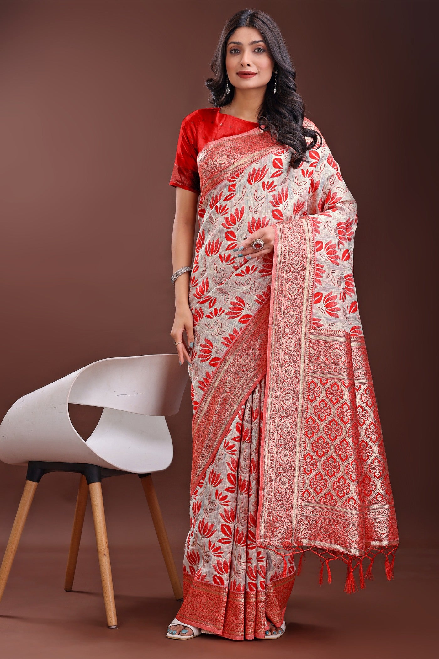 Buy MySilkLove Punch Red Linen Cotton Saree Online