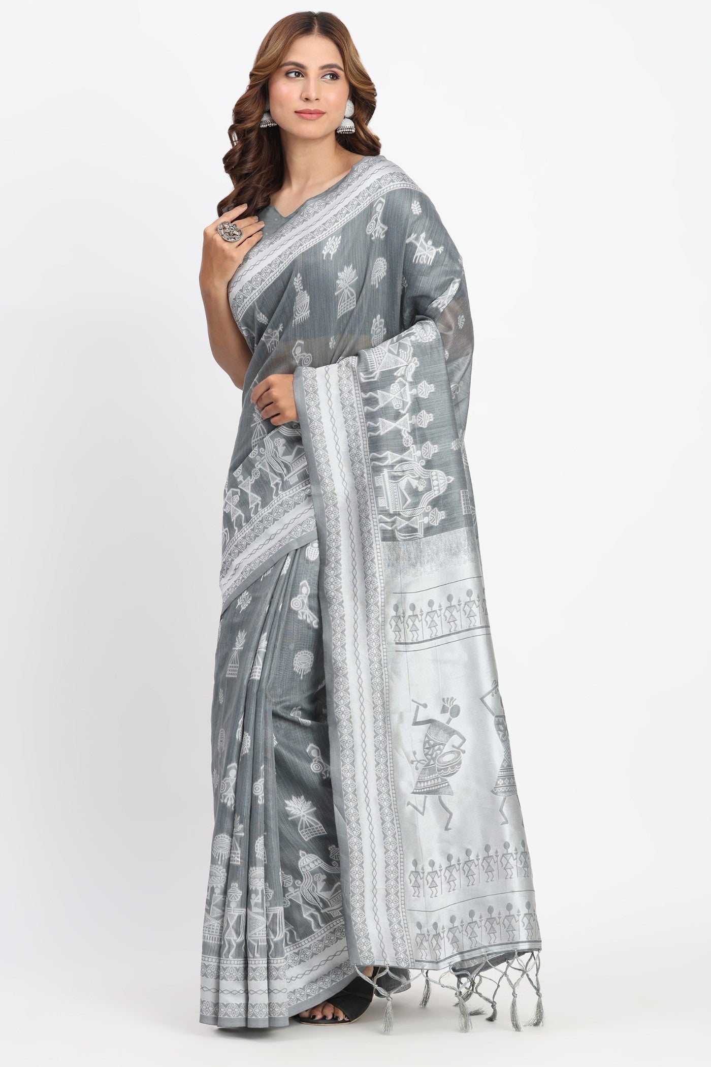 Buy MySilkLove Battleship Grey Woven Linen Cotton Saree Online