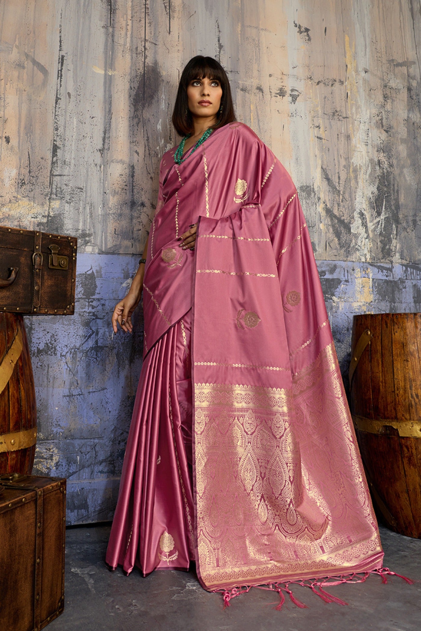 Buy MySilkLove Bubblegum Pink Handloom Satin Silk Saree Online