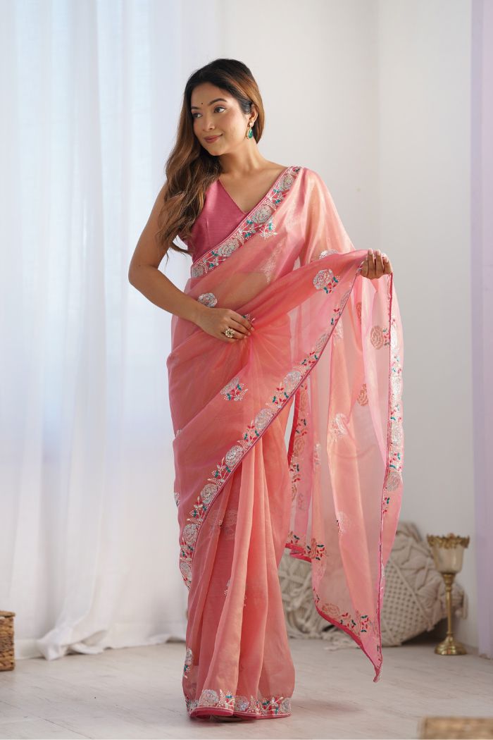 Buy MySilkLove Faded Peach Partywear Net saree Online