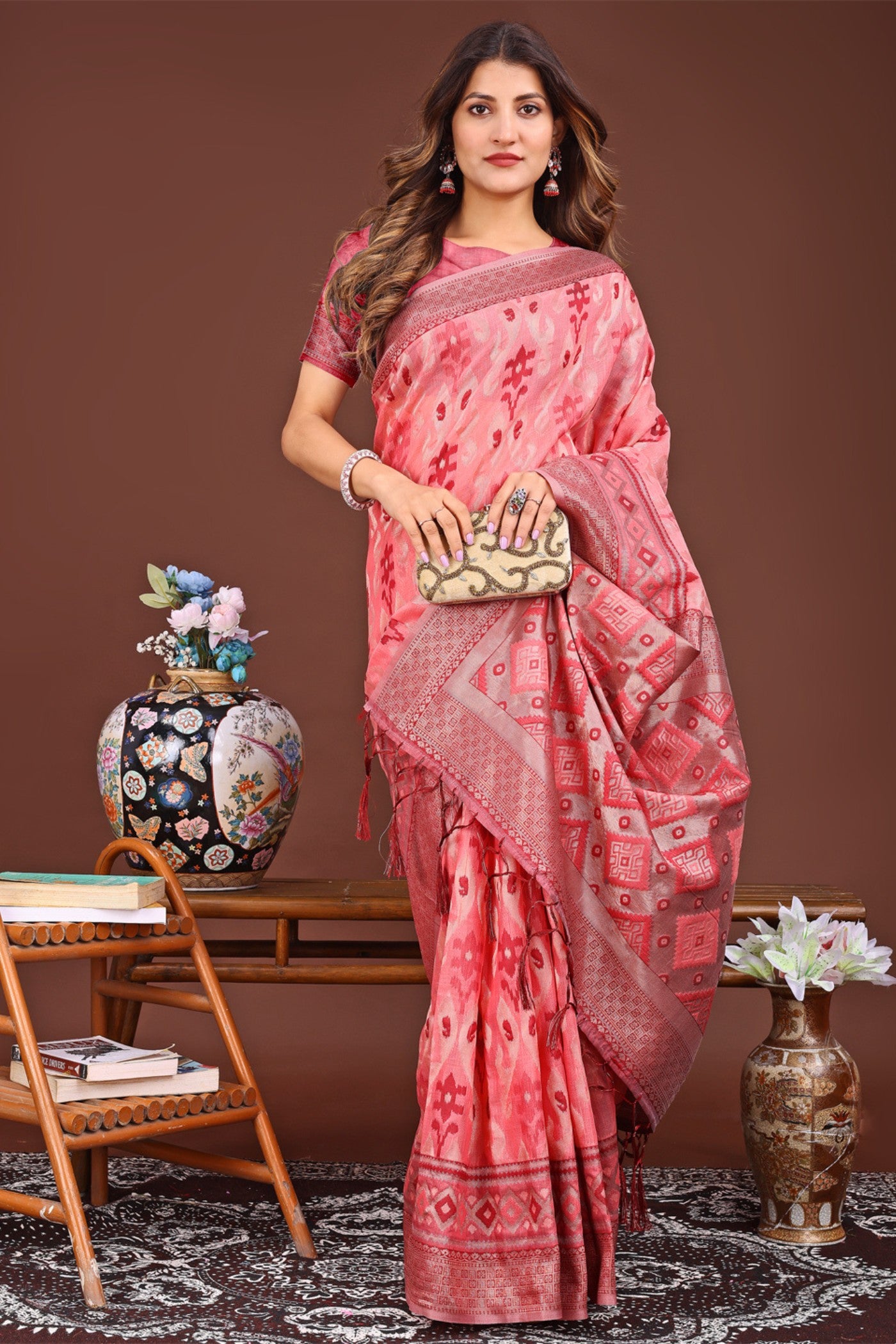 Buy MySilkLove Deep Peach Woven Linen Cotton Saree Online